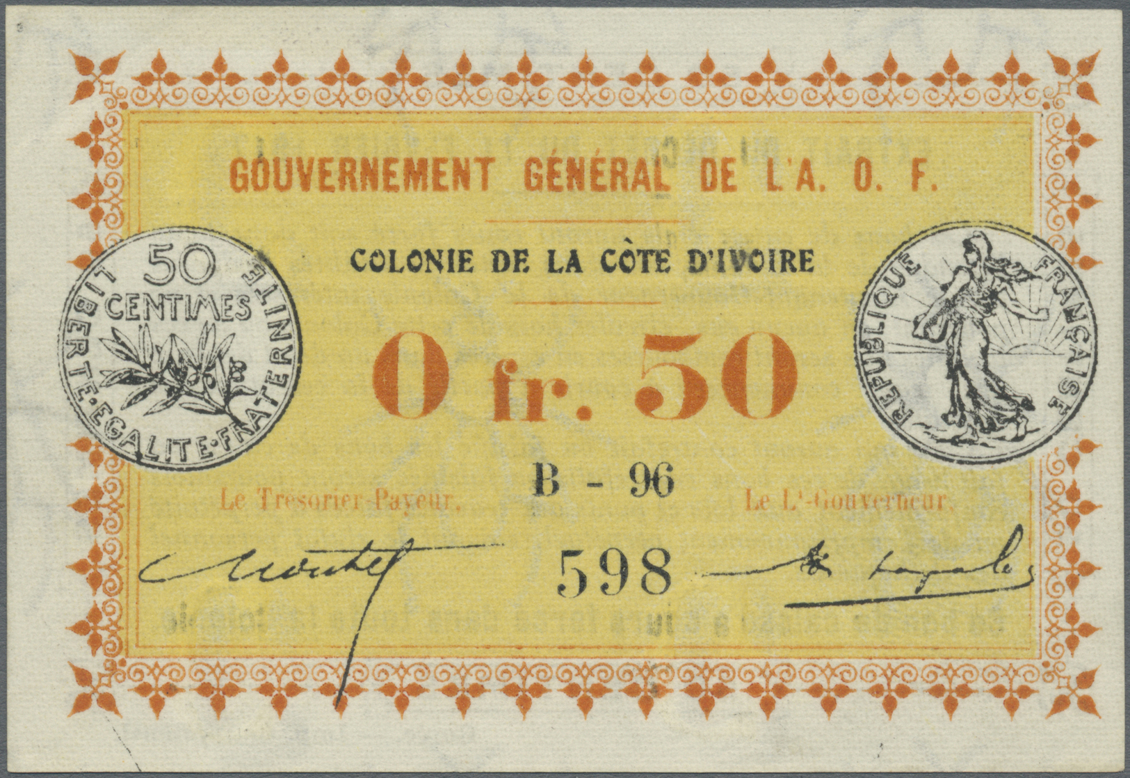 01289 Ivory Coast / Elfenbeinküste: 50 Centimes 1917 P. 1a In Condition: AUNC. - Côte D'Ivoire