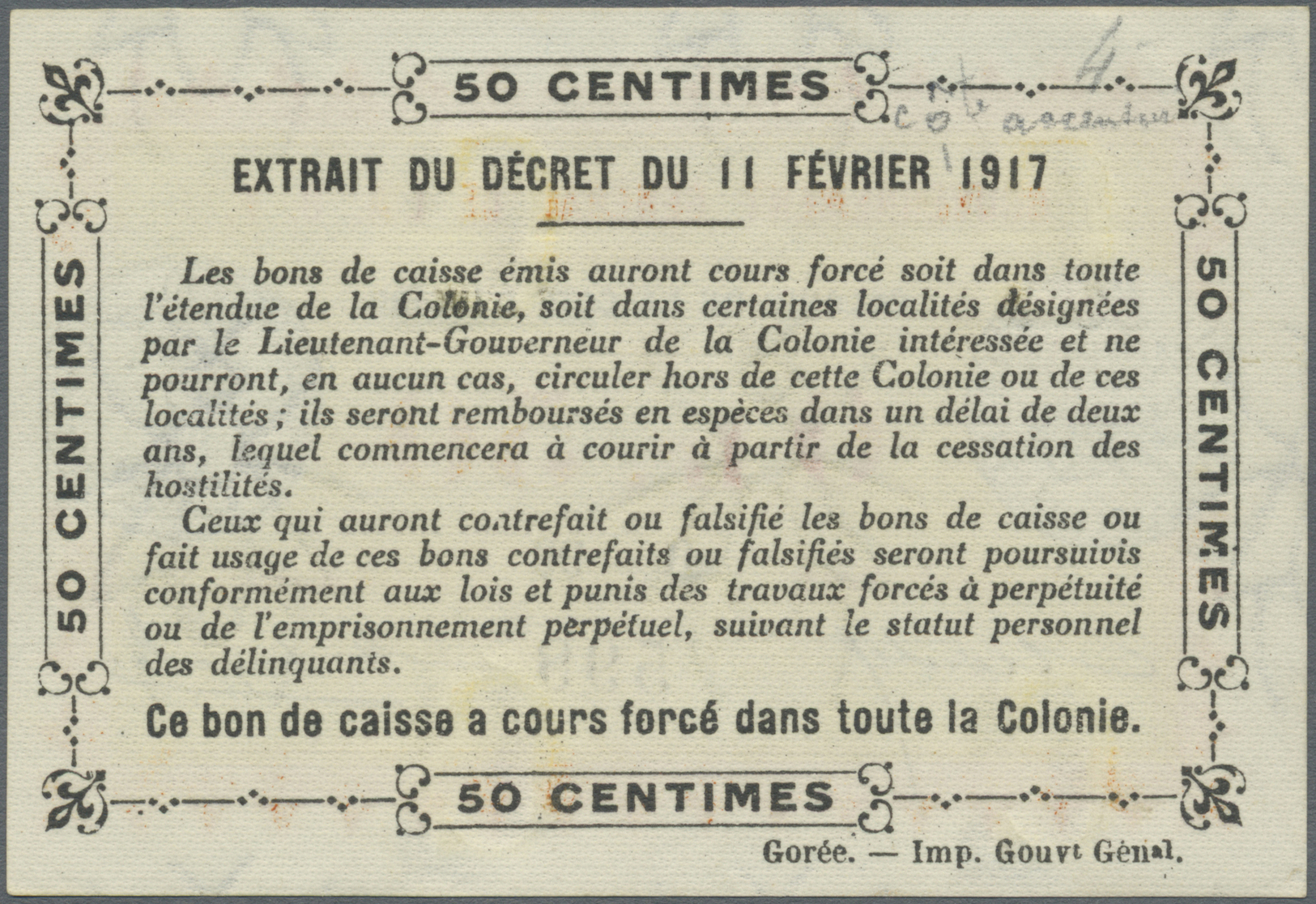 01289 Ivory Coast / Elfenbeinküste: 50 Centimes 1917 P. 1a In Condition: AUNC. - Côte D'Ivoire