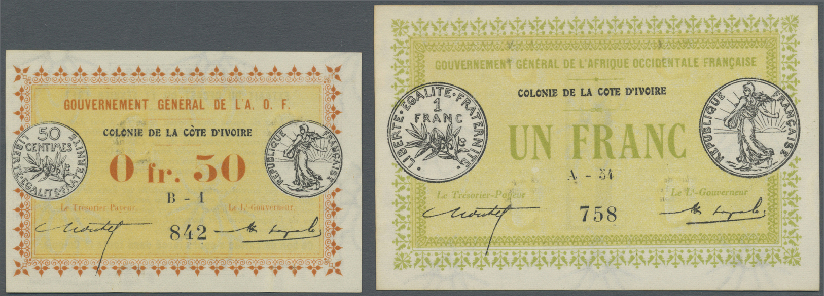 01290 Ivory Coast / Elfenbeinküste: Set Of 2 Notes Containing 50 Centimes And 1 Franc 1917 P. 1a, 2a, Both In Condition: - Côte D'Ivoire