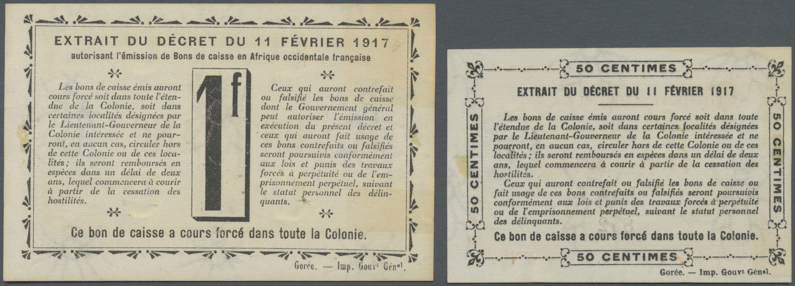 01290 Ivory Coast / Elfenbeinküste: Set Of 2 Notes Containing 50 Centimes And 1 Franc 1917 P. 1a, 2a, Both In Condition: - Côte D'Ivoire