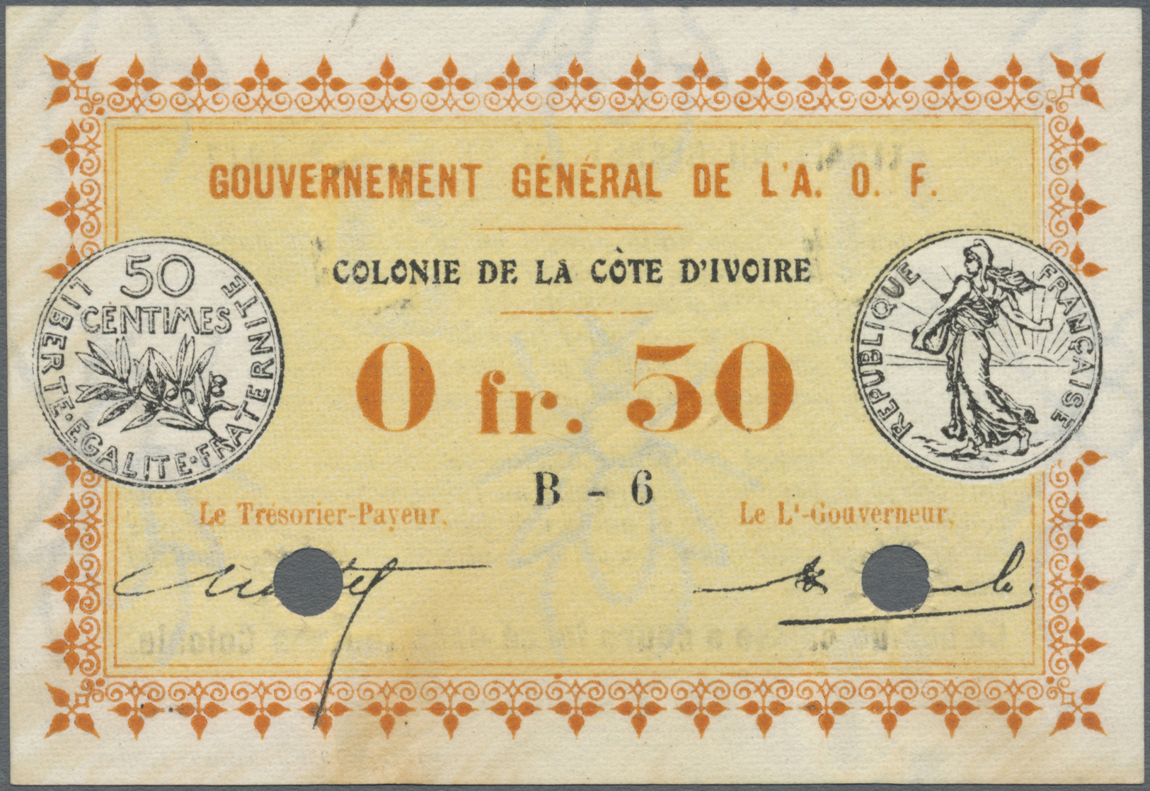 01291 Ivory Coast / Elfenbeinküste: 50 Centimes Proof Print Without Serial Number And Cancellation Holes P. 1ap In Condi - Côte D'Ivoire