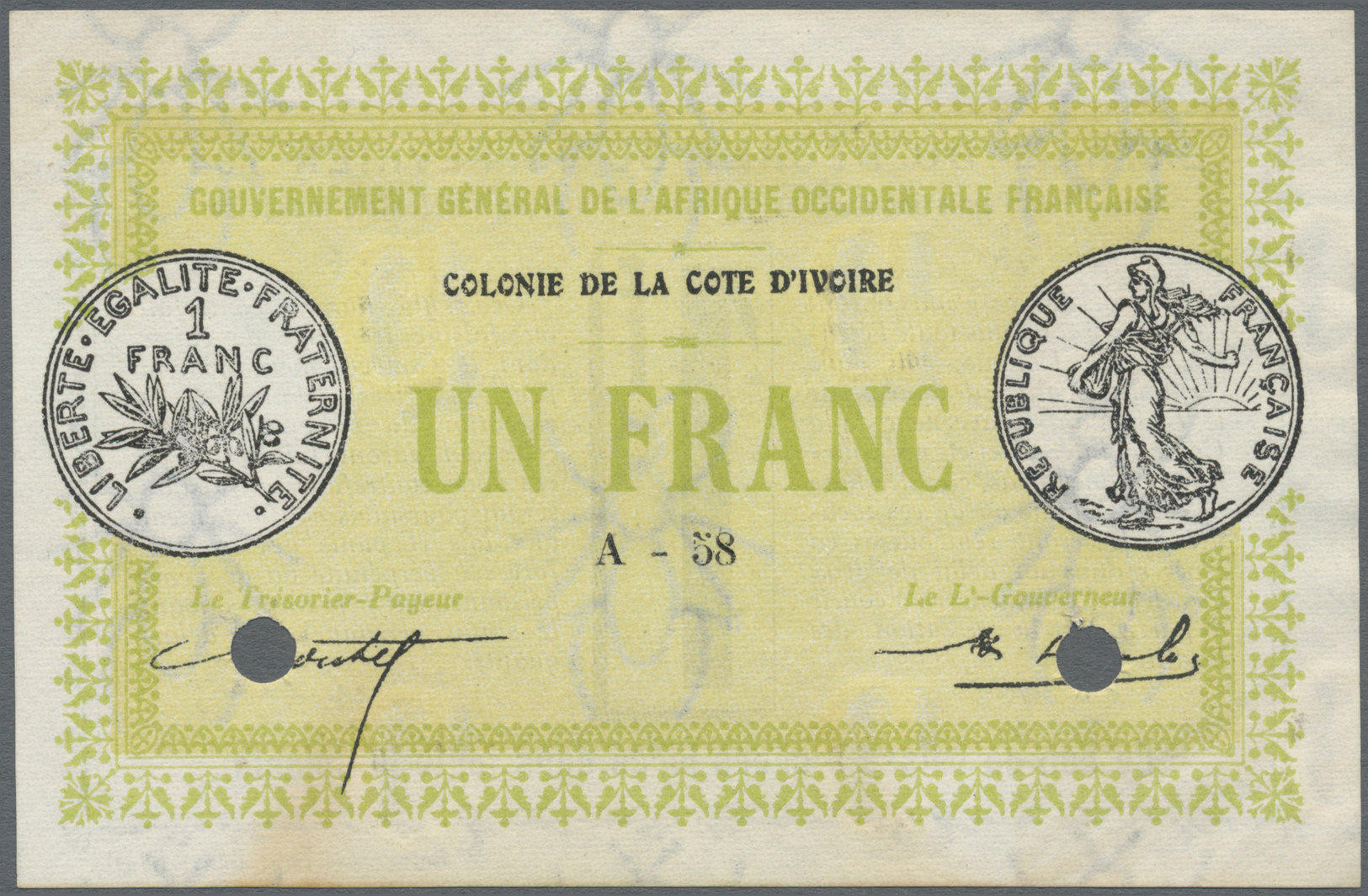 01292 Ivory Coast / Elfenbeinküste: 1 Franc 1917 Proof Print Without Serial Number And Cancellation Holes, Small Stainin - Côte D'Ivoire