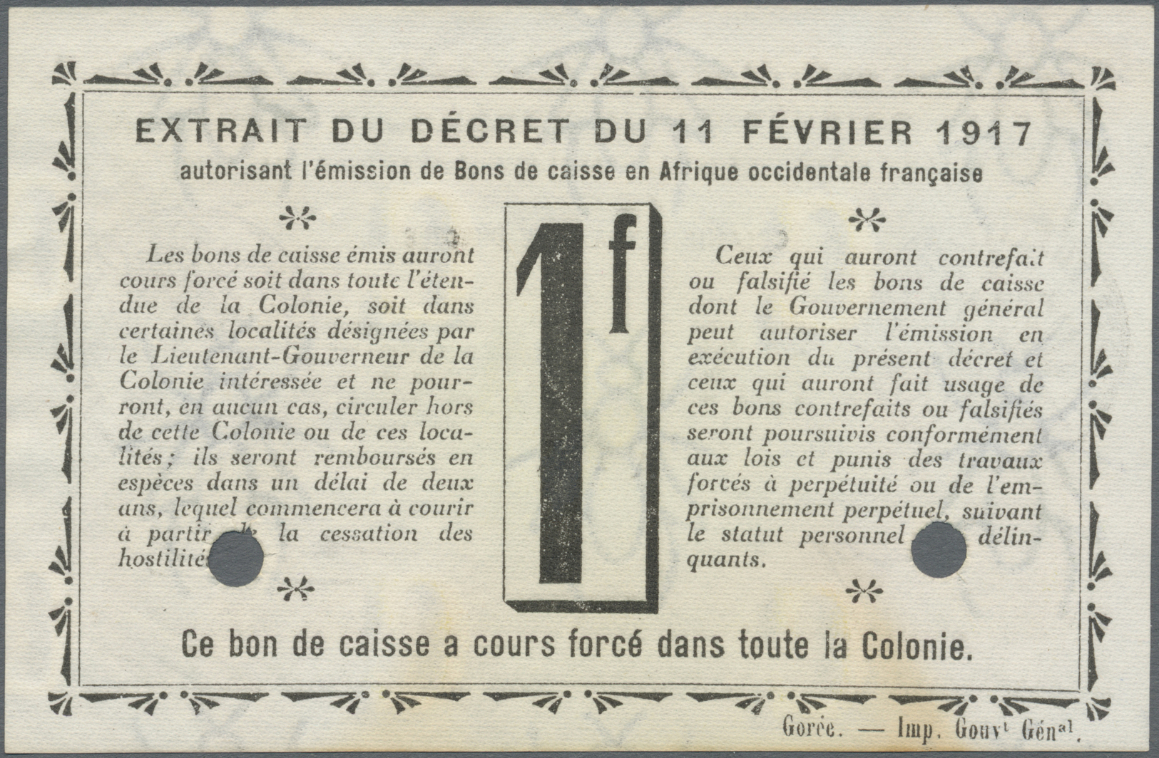 01292 Ivory Coast / Elfenbeinküste: 1 Franc 1917 Proof Print Without Serial Number And Cancellation Holes, Small Stainin - Côte D'Ivoire