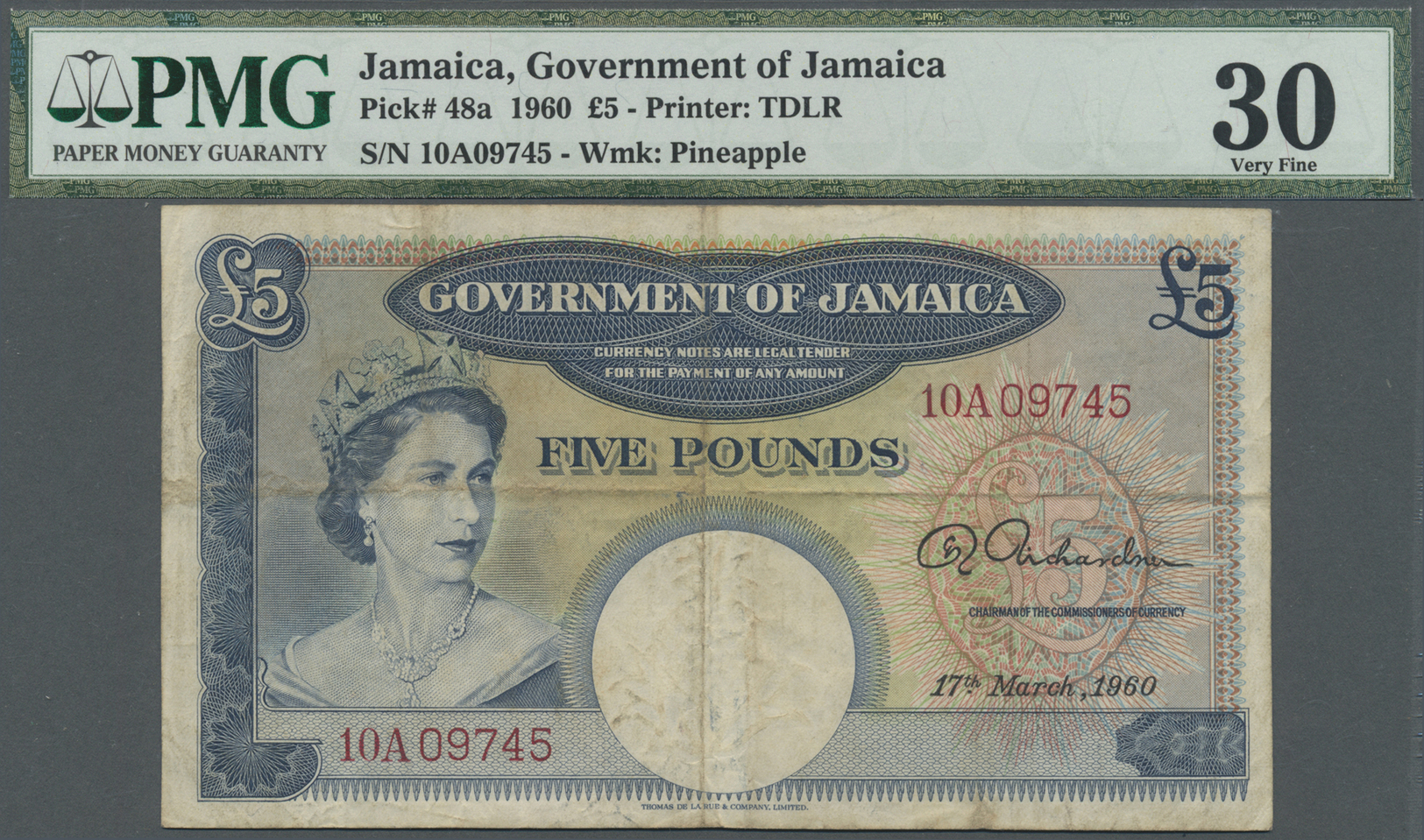 01293 Jamaica: Government Of Jamaica 5 Pounds March 17th 1960, P.48a, Highly Rare Note In Used Condition With Toned Pape - Jamaica