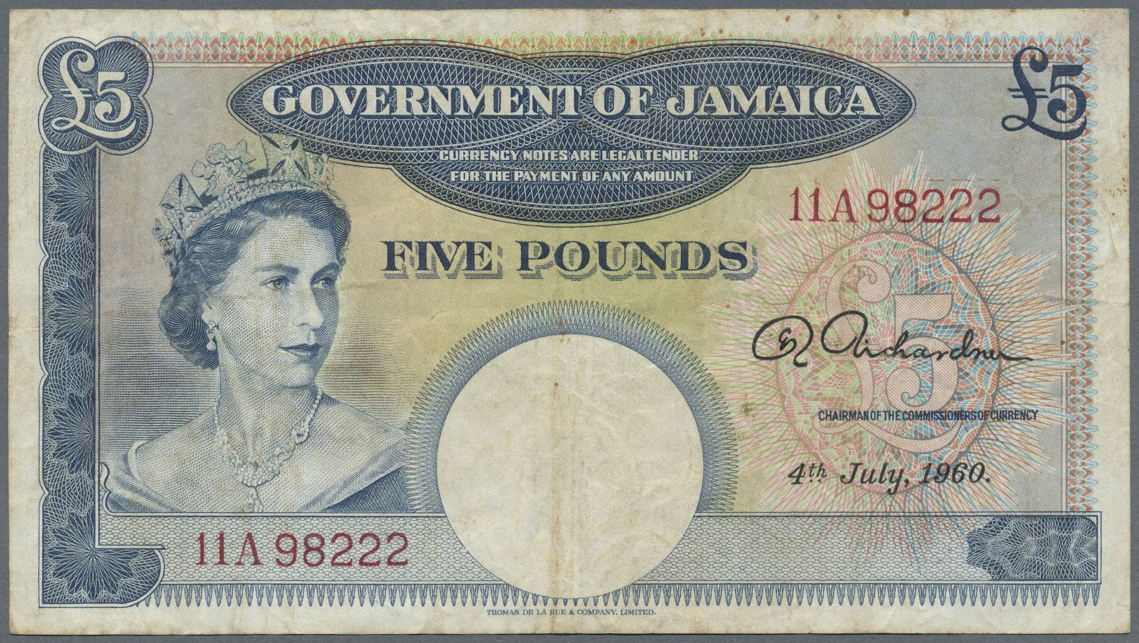 01294 Jamaica: Jamaica: 5 Pounds July 4th 1960, P.48b, Stained And Slightly Yellowed Paper With Tiny Brownish Spots And - Jamaica