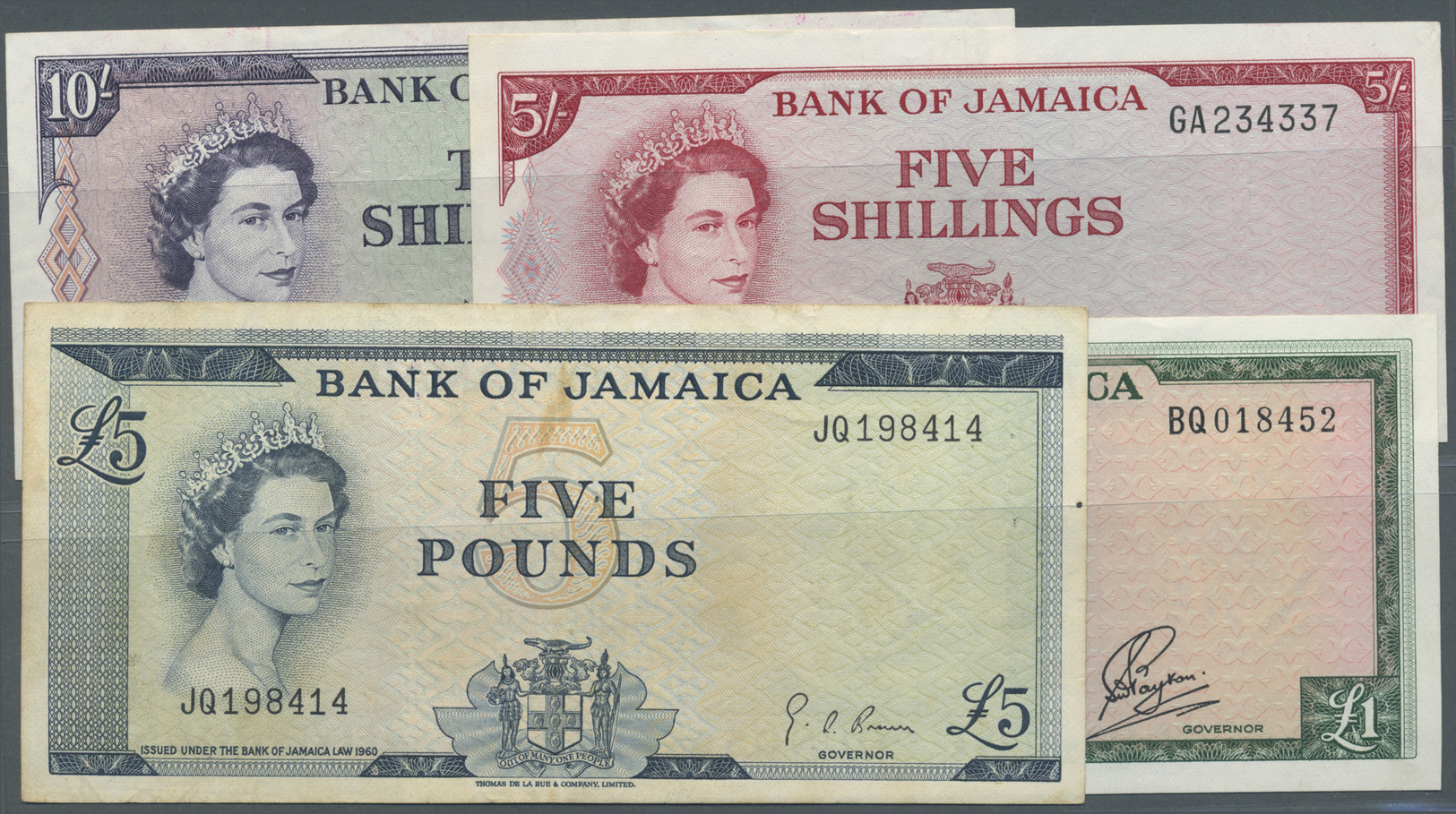 01296 Jamaica: Set With 4 Banknotes Of The 1961 Series Containing 5 And 10 Shillings, 1 And 5 Pounds ND(1961), P.51Ad, 5 - Jamaica