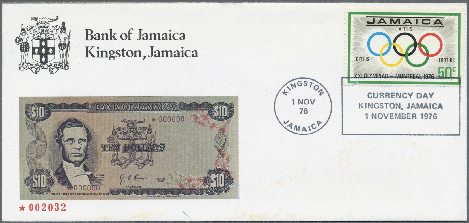 01299 Jamaica: Offical First Day Cover Album of the Bank of Jamaica, with certificate, containing 4 First Day Covers wit