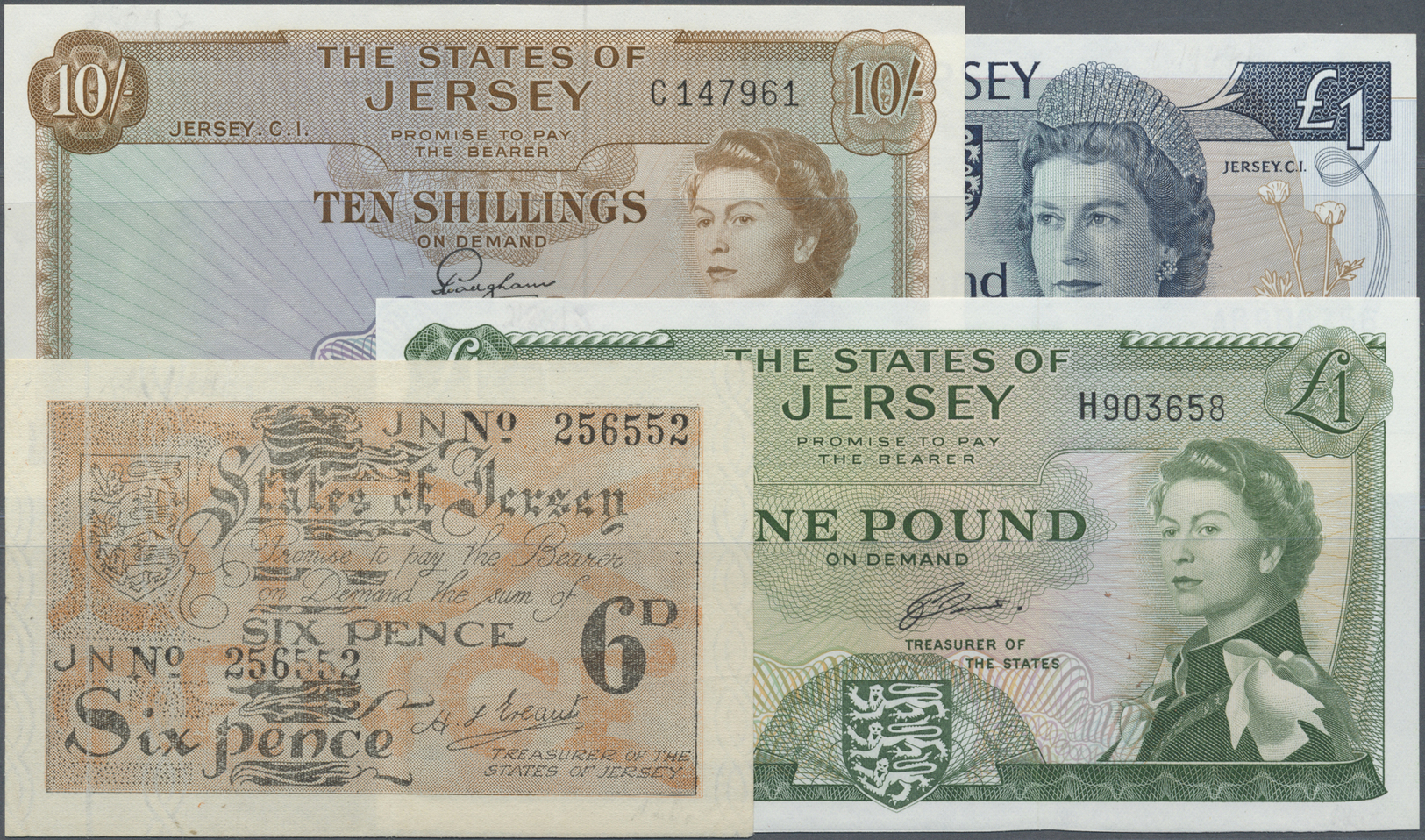 01312 Jersey: Set With 4 Banknotes Starting With The 6 Pence ND(1941-42) P.1 (VF), 10 Shillings And 1 Pound ND(1963-72) - Other & Unclassified