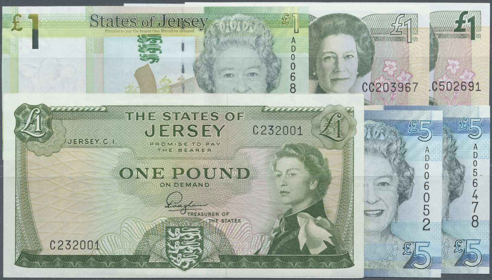 01313 Jersey: Set Of 6 Notes Containing 1 Pound P. 8a (aUNC), 1 Pound ND P. 15 (UNC), 1 Pound ND P. 20 (UNC), 1 Pound ND - Other & Unclassified