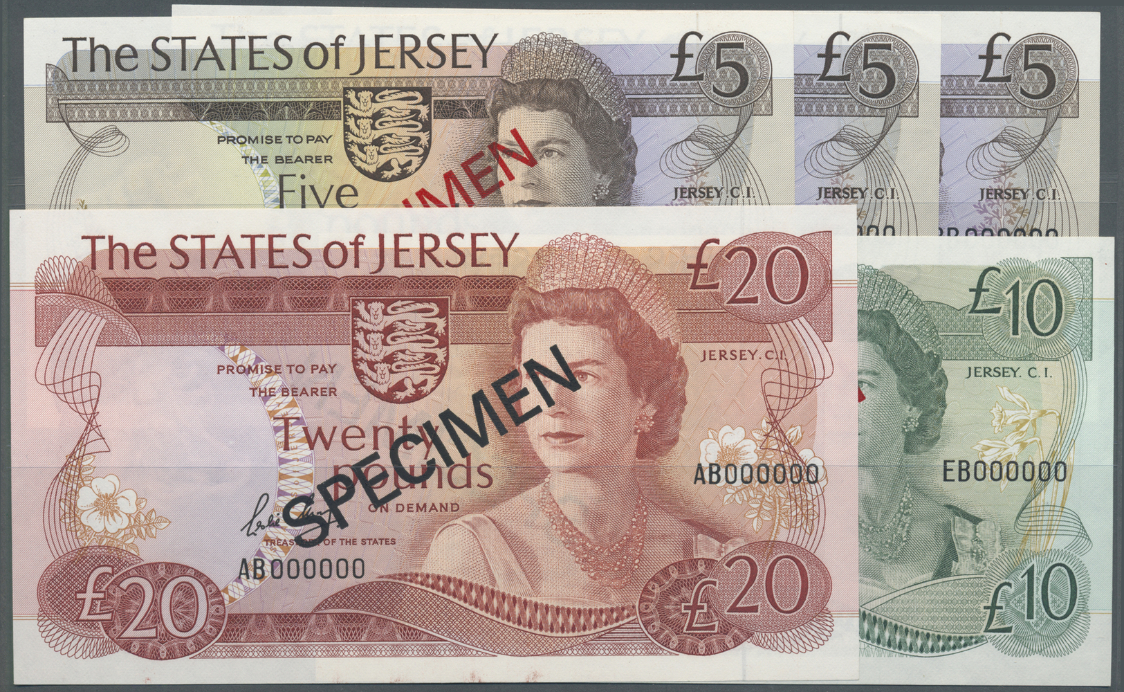 01316 Jersey: Set With 5 Specimen Notes Of The 1970's/80's Series Containing 5 Pounds Specimen  With Signature Clennett, - Other & Unclassified