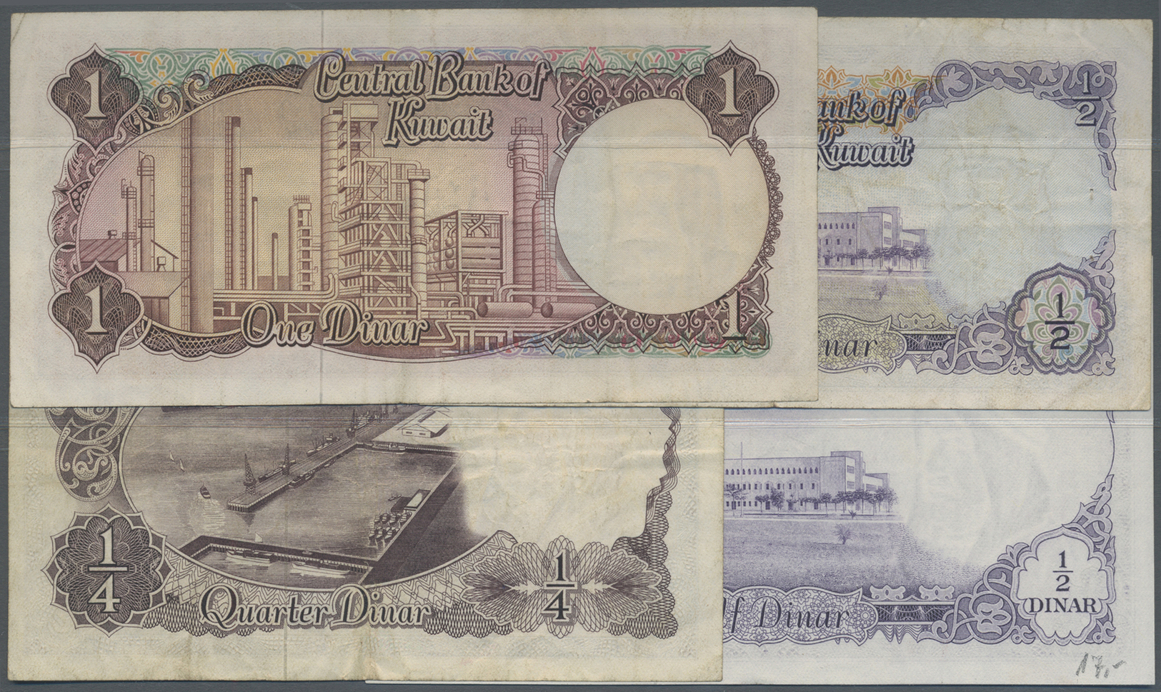 01360 Kuwait: Set With 4 Banknotes 1/4 Und 1/2 Dinar Series 1961 And 1/2 And 1 Dinar L.1968 (P.1, 2, 7, 8) In F To VF Co - Kuwait