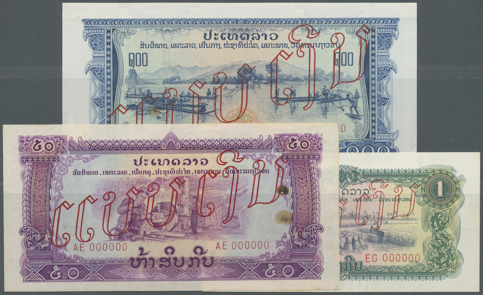 01369 Laos: Set Of 3 Specimen Notes Containing 1, 50 And 100 Kip ND P. A19s,A22s,A23s, With Foxing In Paper And Light Ha - Laos