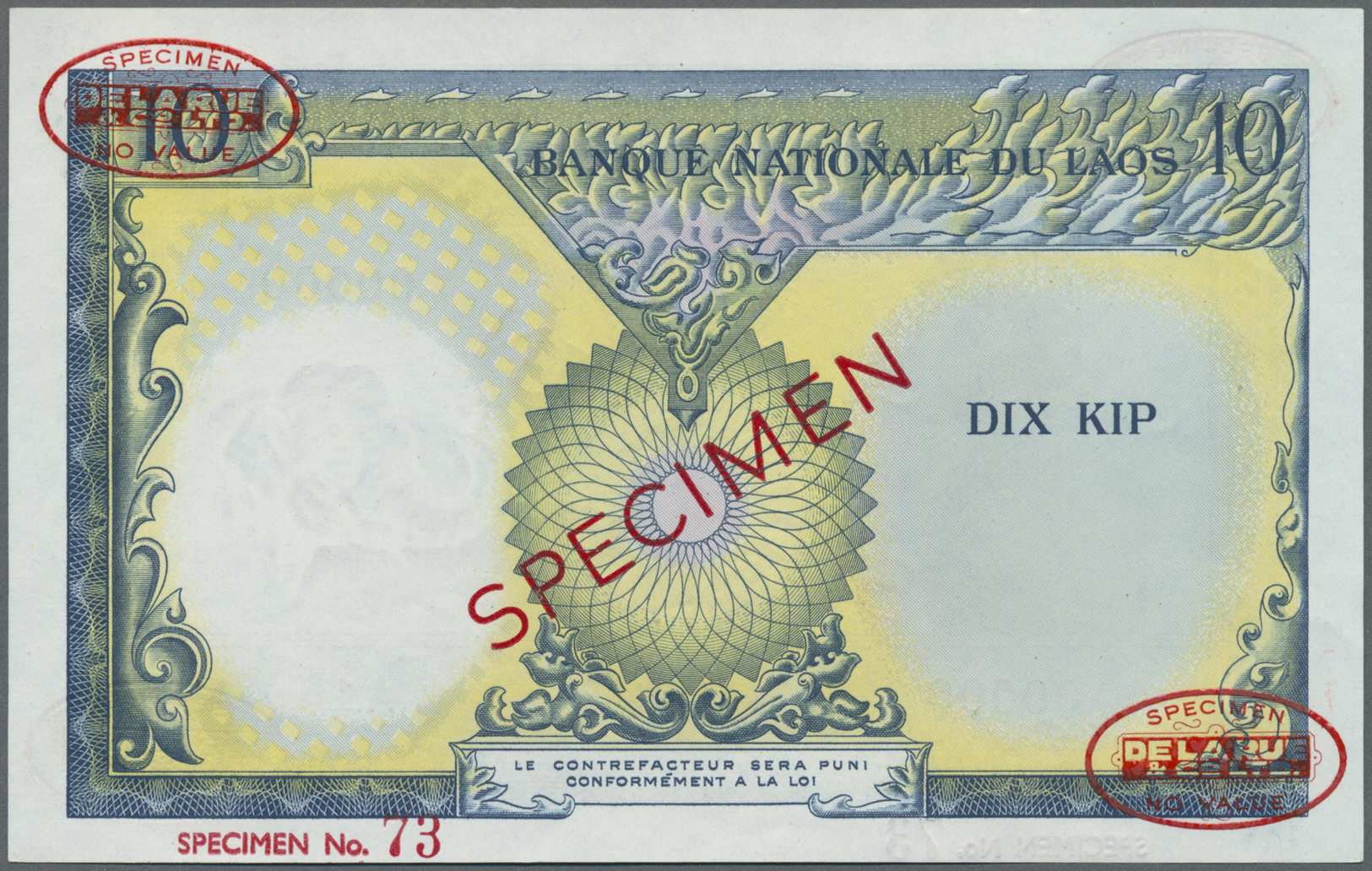 01372 Laos: 10 Kip 1962 Specimen P. 10as In Condition: UNC. - Laos