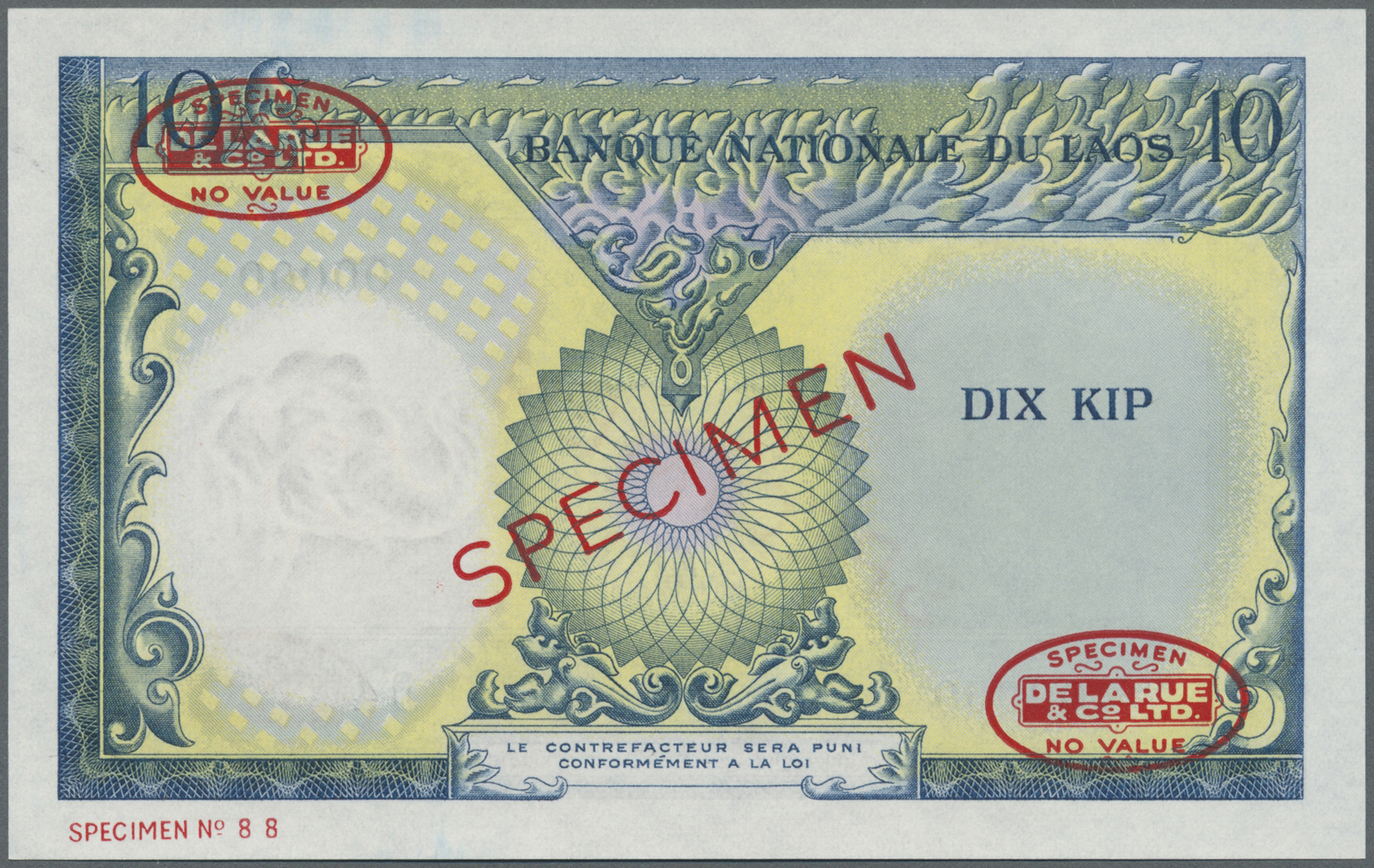 01373 Laos: 10 Kip 1962 Specimne P. 10s2 In Condition: UNC. - Laos