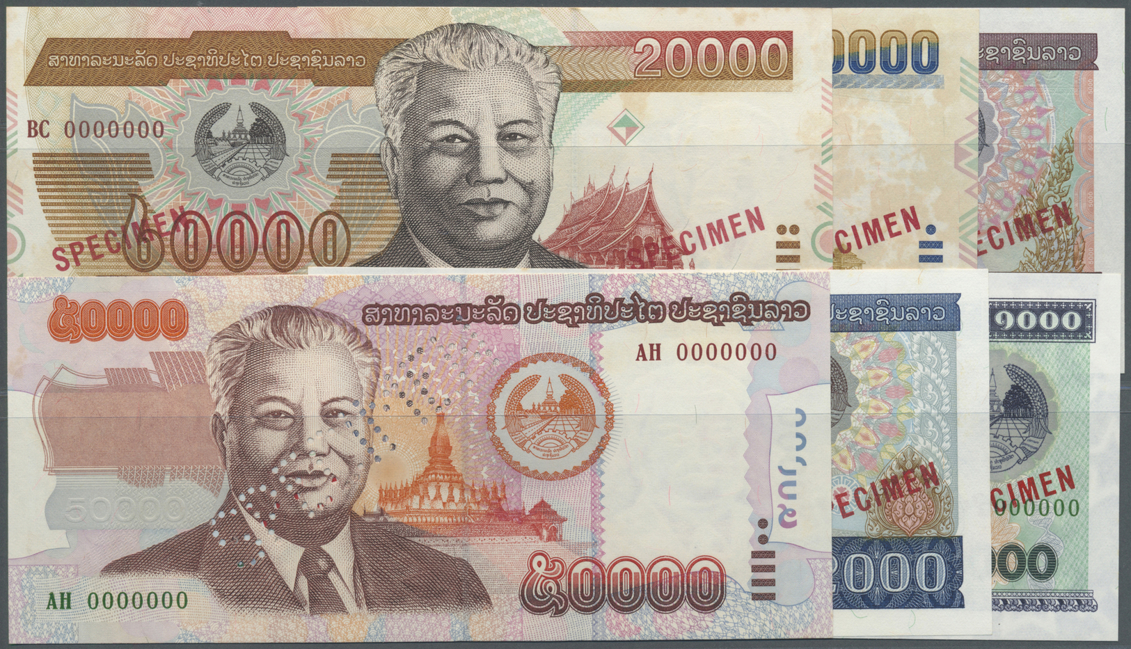 01378 Laos: Set Of 6 Specimen Notes Laos Containing 1000 Kip 1998, 2000 Kip 1997, 5000 Kip 1997, 20000 Kip 2002, 10000 K - Laos