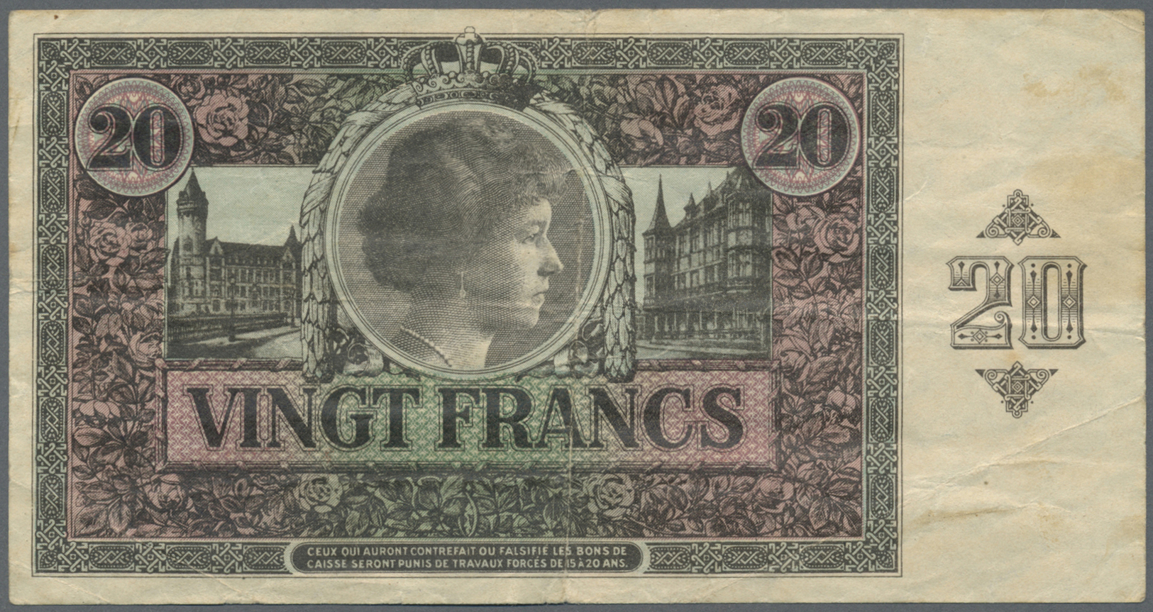 01588 Luxembourg: 20 Francs L.1918 P. 35, Rare Issue In Nice Condition For This Type, No Holes Or Tears, Just Vertical A - Luxembourg