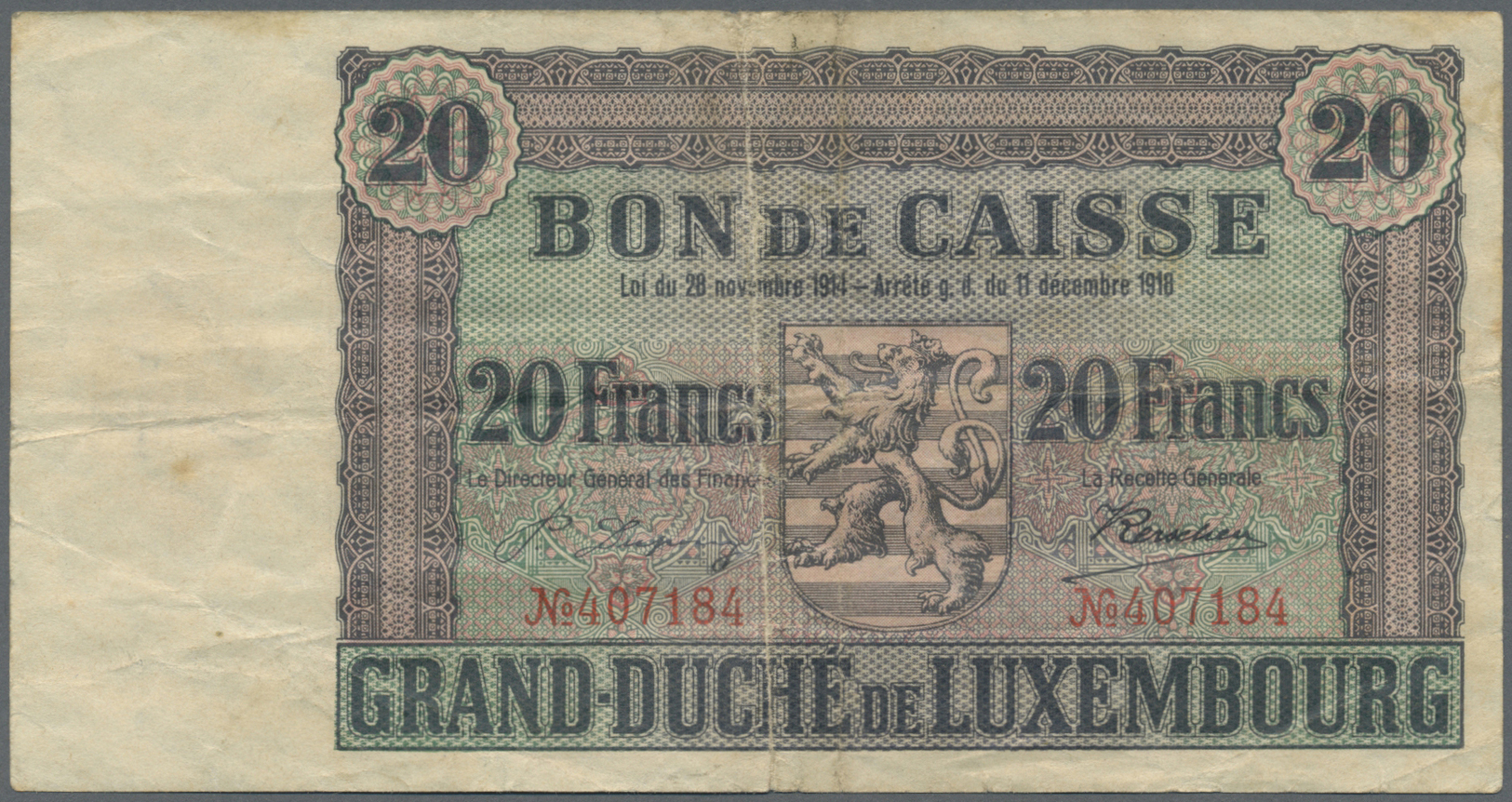 01588 Luxembourg: 20 Francs L.1918 P. 35, Rare Issue In Nice Condition For This Type, No Holes Or Tears, Just Vertical A - Luxembourg