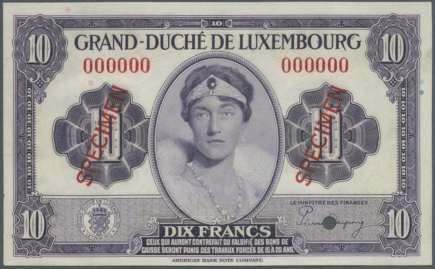 01590 Luxembourg: 10 Francs 1944 Specimen P. 44s, Zero Serial Numbers, Cancellation Hole, Specimen Overprint, One Vertic - Luxembourg