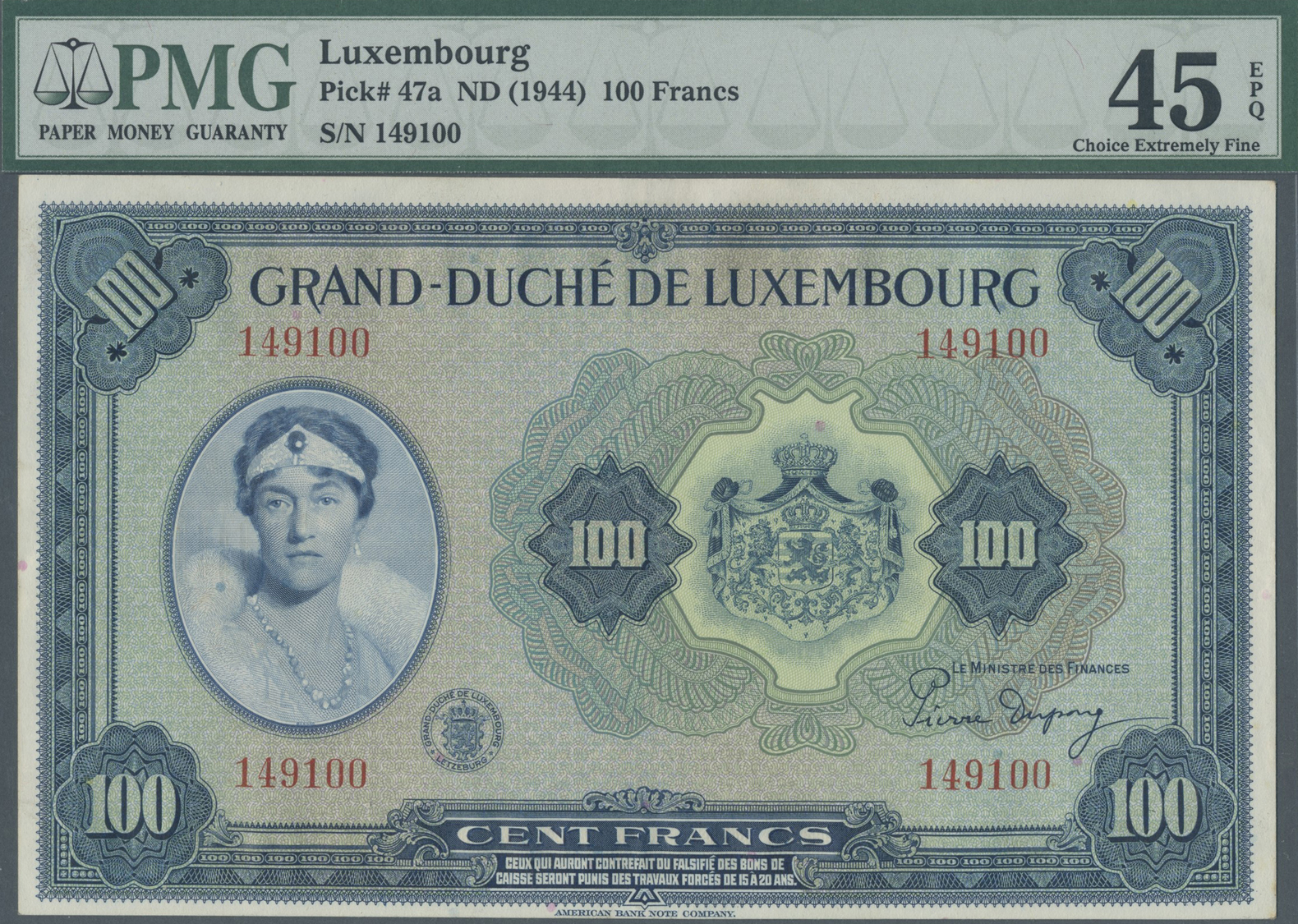 01591 Luxembourg: 100 Francs ND(1944) P. 47a, PMG Graded 45 Choice Extremely Fine EPQ. - Luxembourg