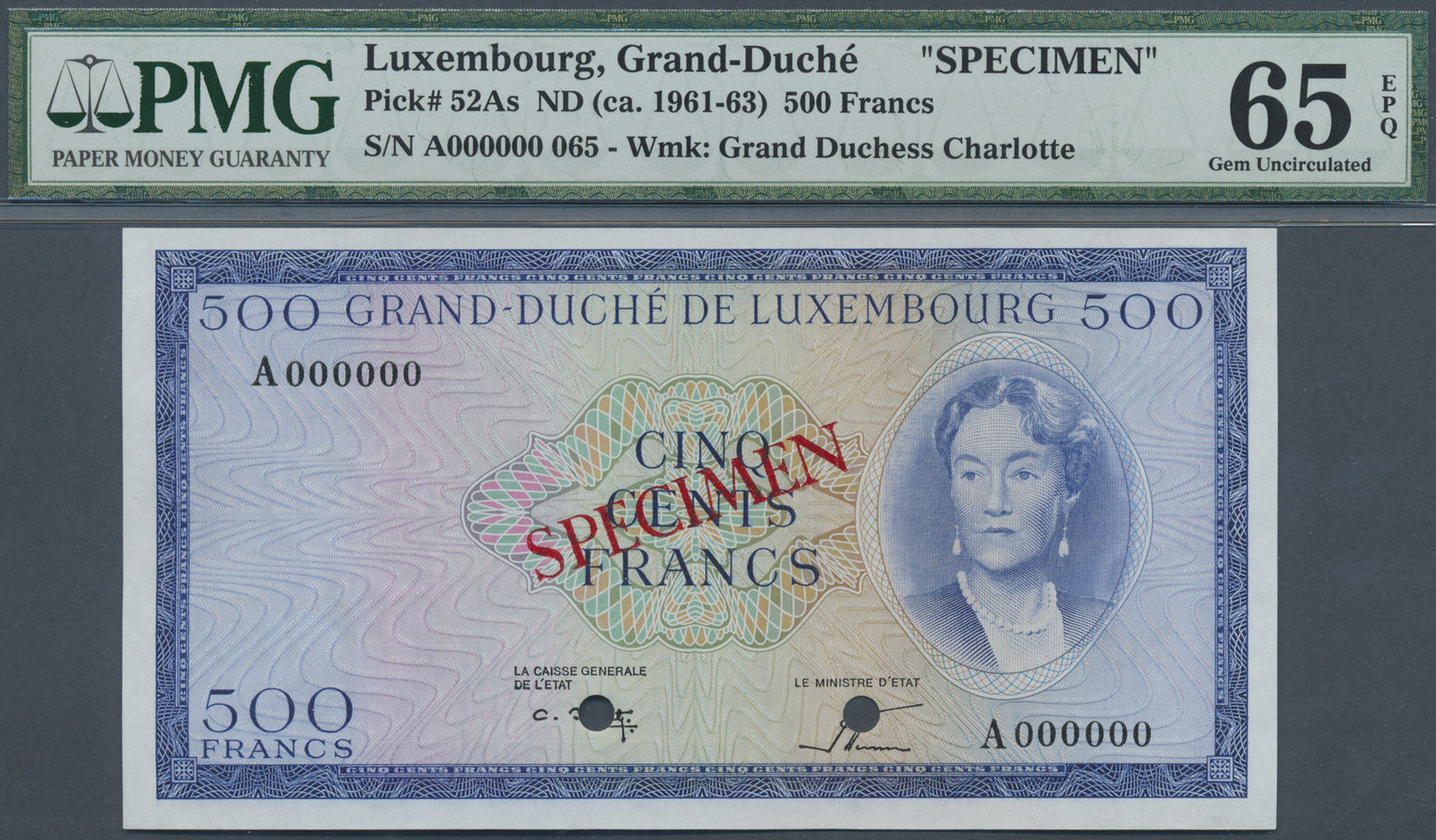 01595 Luxembourg: 500 Francs ND(1961-63) Specimen P. 52As, Unissued Type As Specimen With Zero Serial Numbers, Never See - Luxembourg