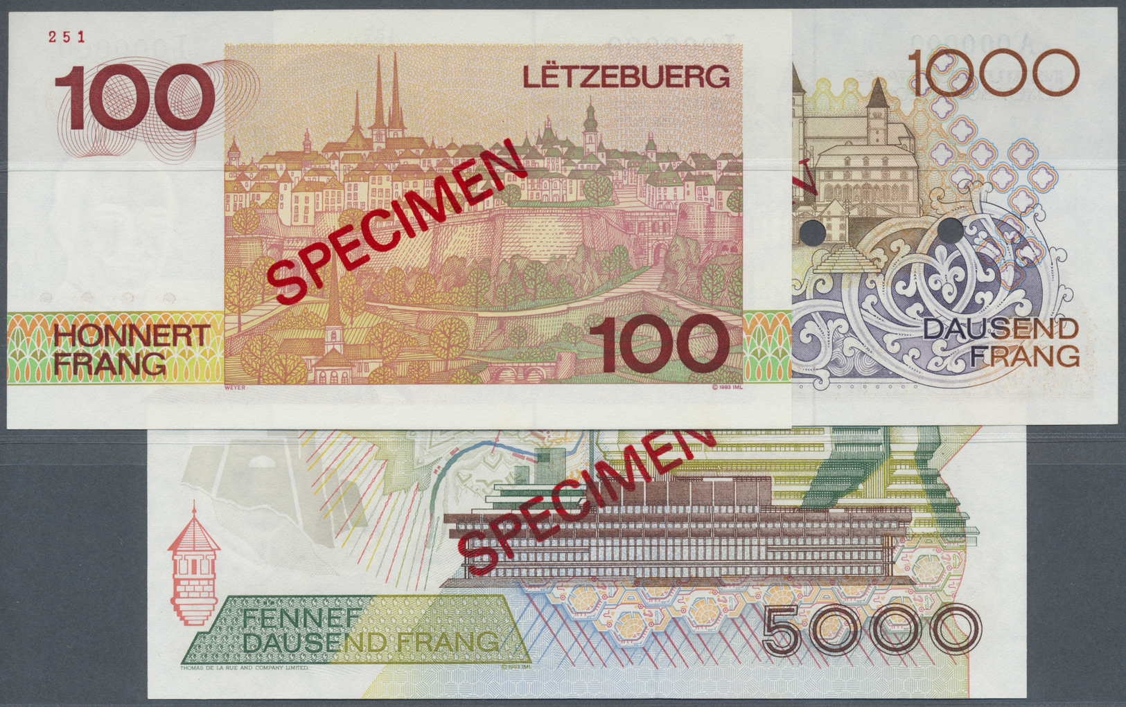 01598 Luxembourg: Set Of 3 Specimen Banknotes Containing 100 Francs P. 58s, 1000 Francs P. 59s And 5000 Francs P. 60s, A - Luxembourg