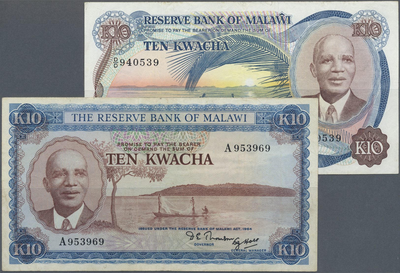 01626 Malawi: Set Of 2 Notes 10 Kwacha L.1964 & 1979 P. 8, 16, Both Notes Used With Folds, Normal Traces Of Circulation - Malawi