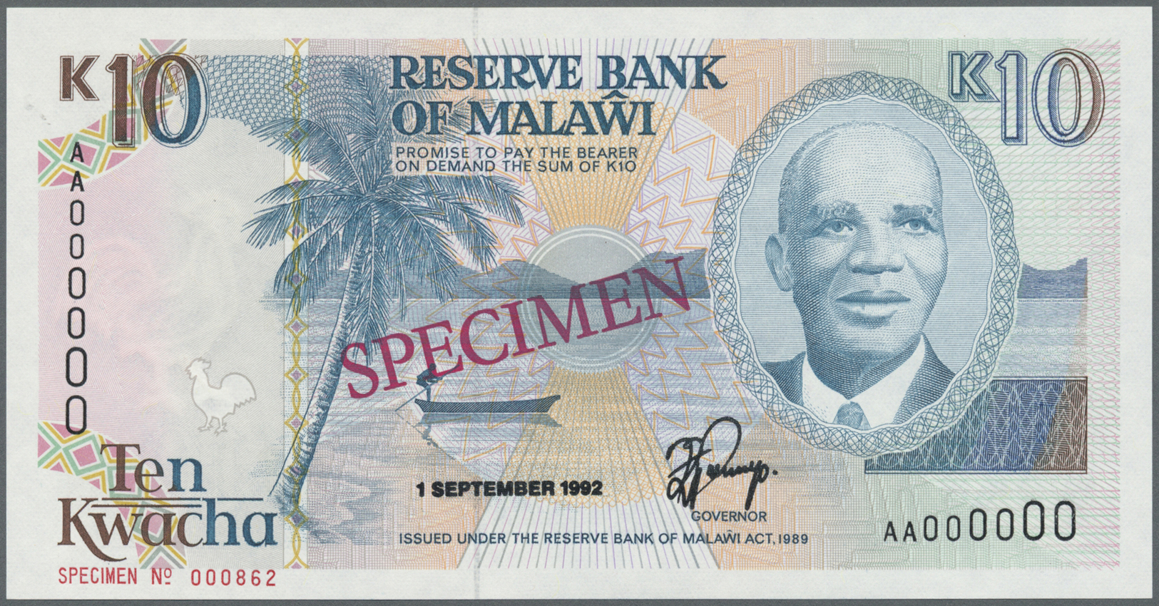 01629 Malawi: 10 Kwacha 1992 Specimen P. 26bs In Condition: UNC. - Malawi