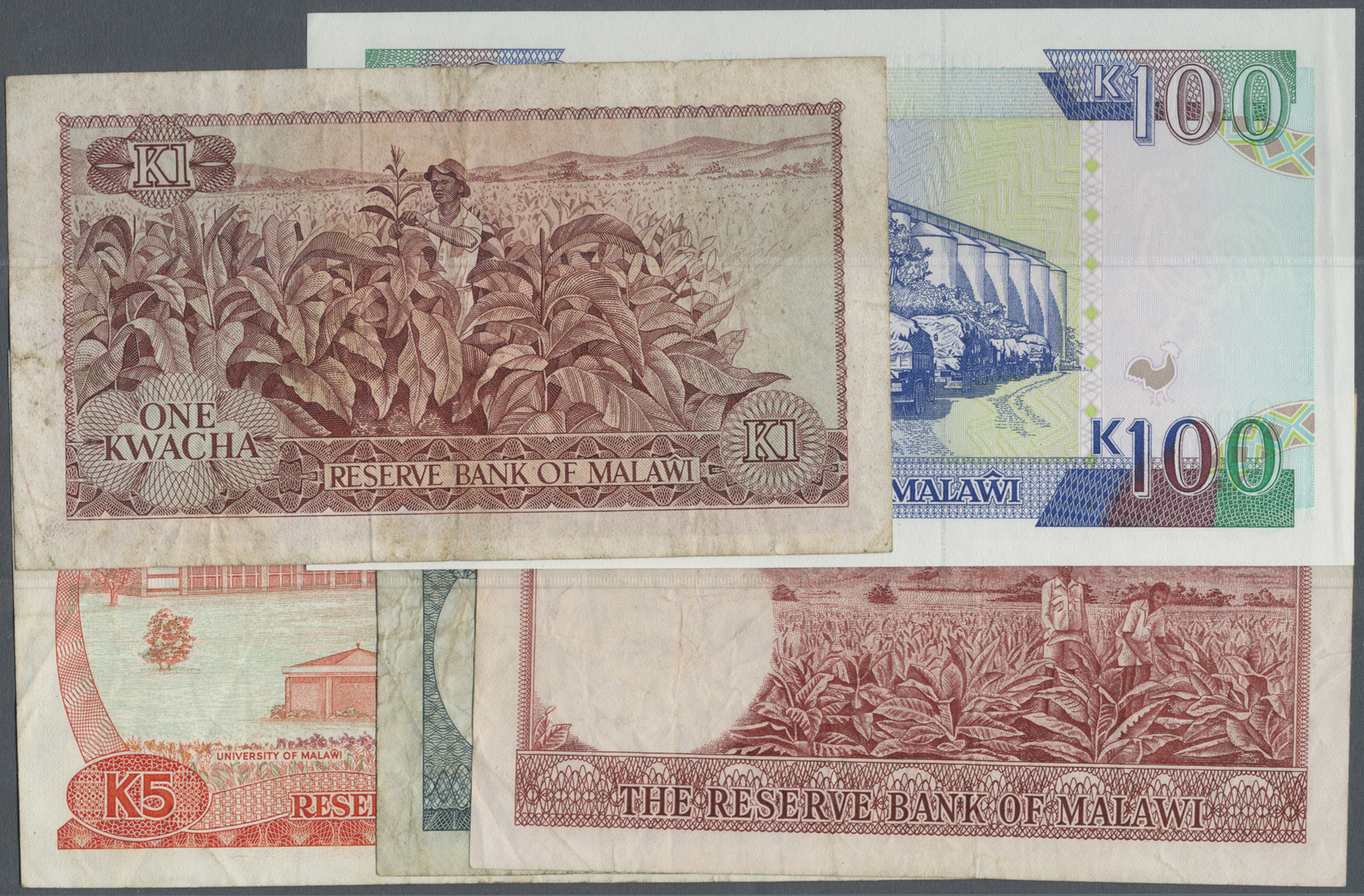 01630 Malawi: Set Of 5 Different Banknotes Containing 50 Tambala L.1964 P. 5 (F-), 1 Kwacha L.1964 P. 6 (F), 1 Kwacha L. - Malawi