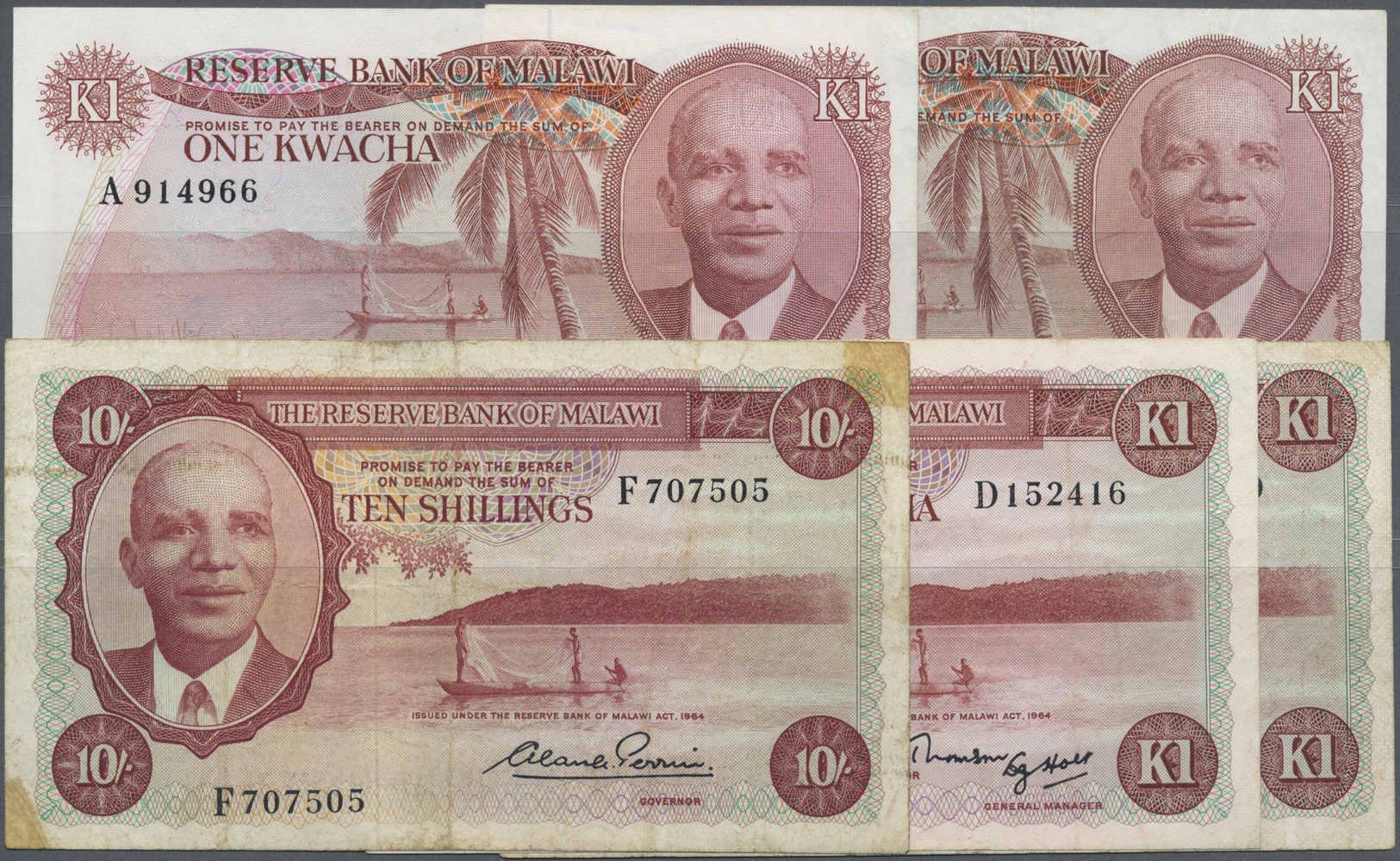 01632 Malawi: Set Of 5 Notes Containing 10 Shillings L.1964, 2x 1 Kwacha L.1964, 1 Kwacha 1974 And 1 Kwacha L. 1964, The - Malawi
