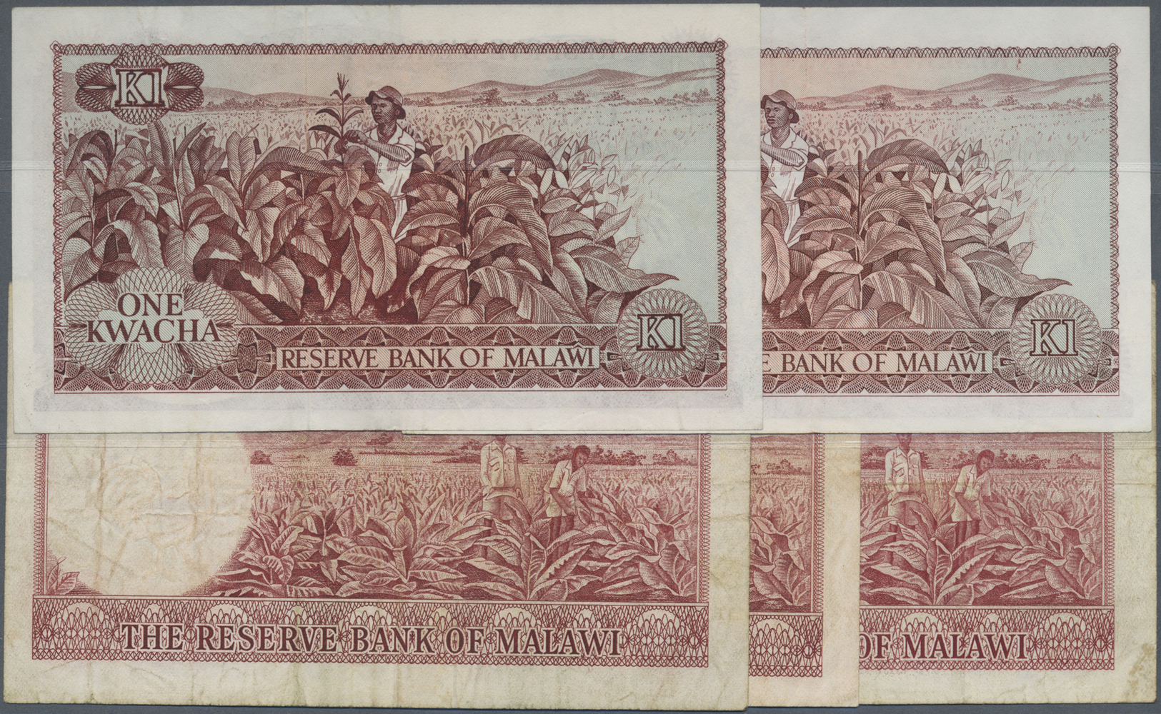 01632 Malawi: Set Of 5 Notes Containing 10 Shillings L.1964, 2x 1 Kwacha L.1964, 1 Kwacha 1974 And 1 Kwacha L. 1964, The - Malawi