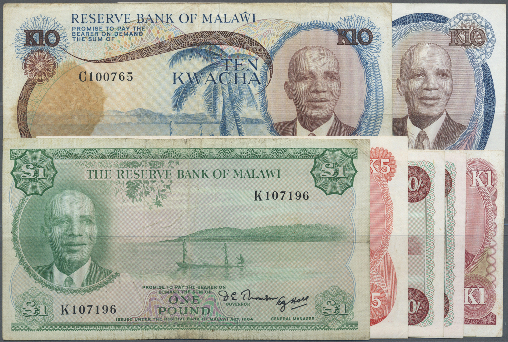 01633 Malawi: Set Of 7 Notes Containing 10 Shillings L.1964 (2x), 1 Kwacha 1979, 1 Pound L.1964, 10 Kwacha 1975, 5 Kwach - Malawi