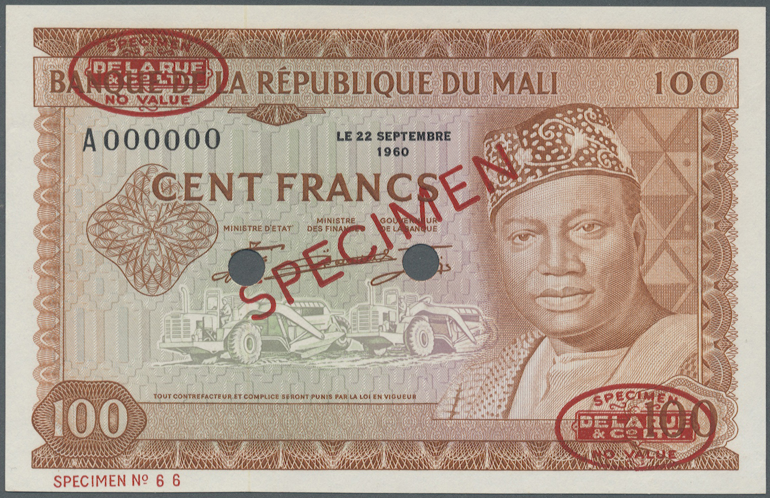 01652 Mali: 100 Francs 1960 Specimen P. 7s. This Rare Specimen Banknote Has Oval De La Rue Overprints In Corners, Specim - Mali
