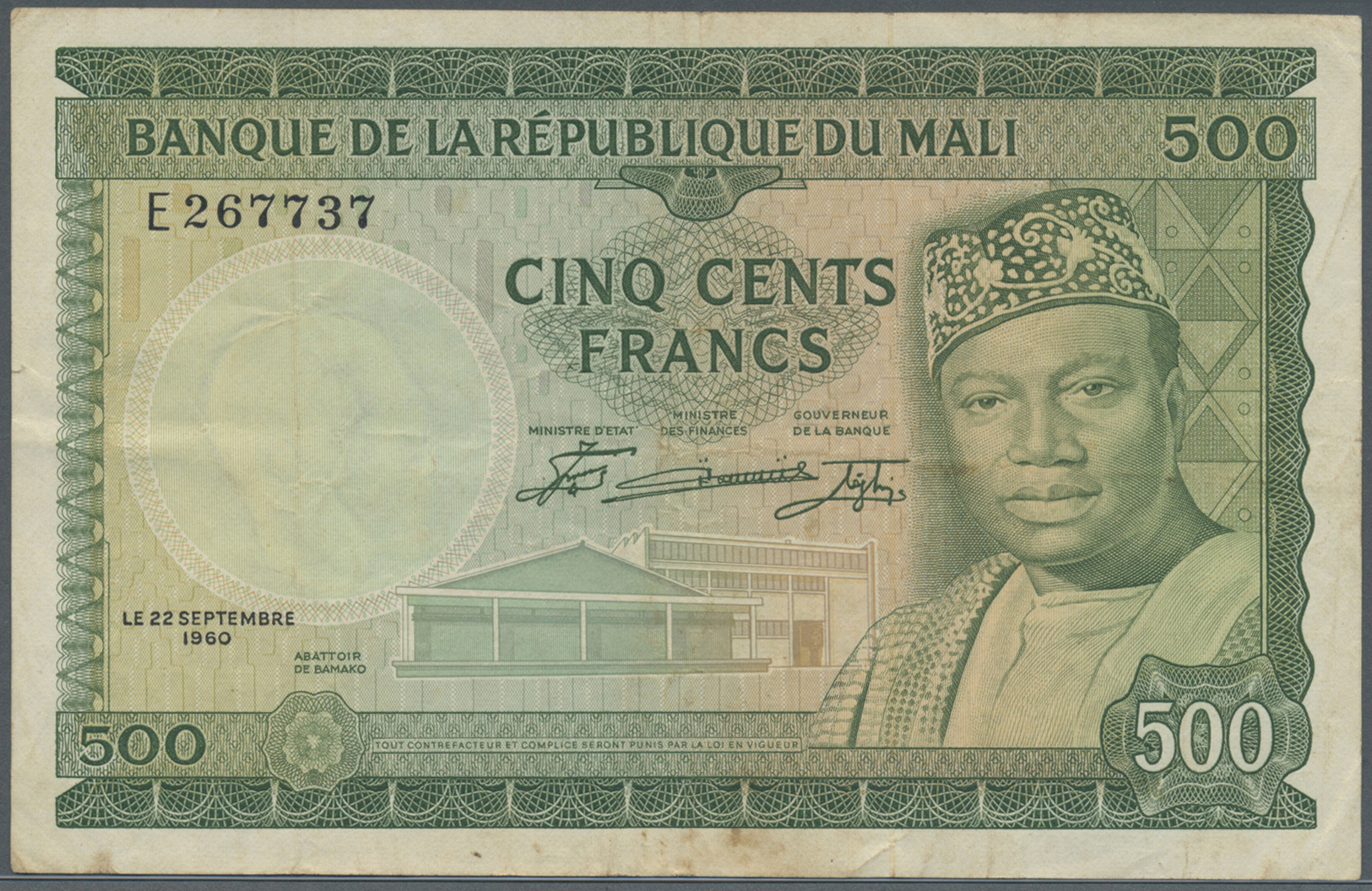 01653 Mali: 500 Francs 1960 P. 8, Used With Vertical And Horizontal Folds, No Holes Or Tears, Light Stain Trace At Lower - Mali