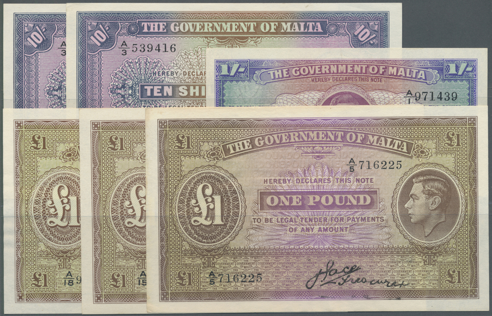 01657 Malta: Very Nice Lot With 6 Banknotes Containing 1 Shilling ND(1940 P.16 In UNC, 2 X 10 Shillings ND(1940) P.19 In - Malta