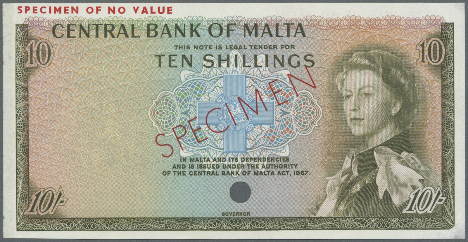 01663 Malta: 10 Shillings L.1967 Color Trial Specimen P. 28ct, Glue Residuals From Attachment At Left, Light Folds At Ri - Malta