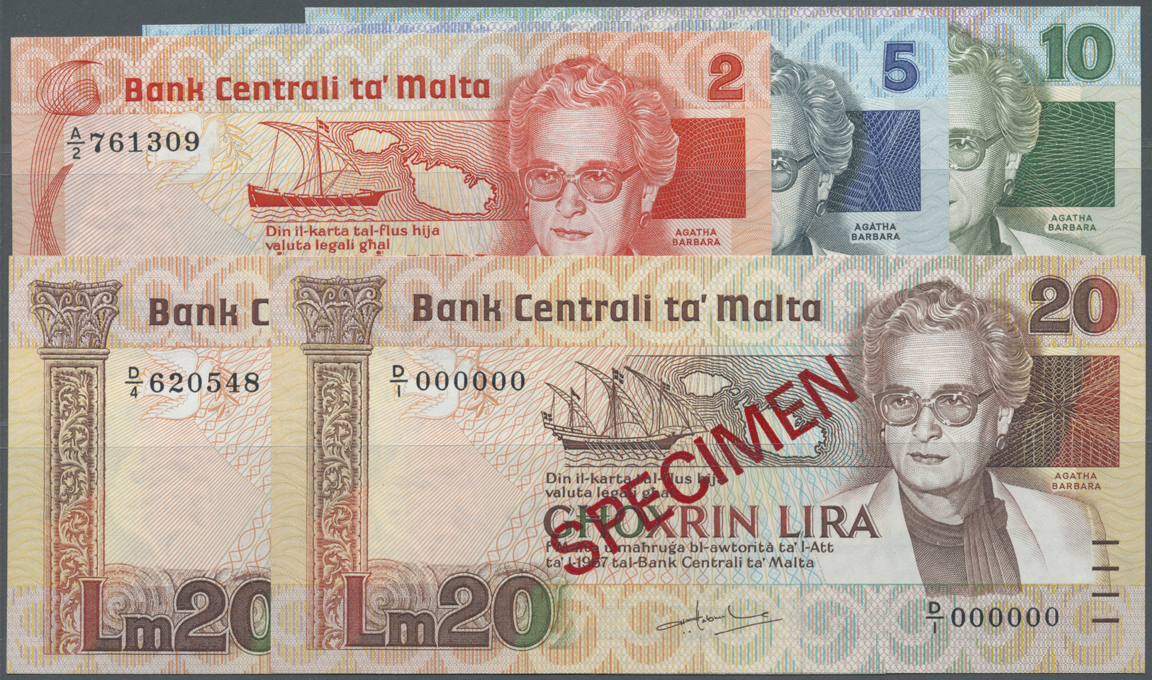 01670 Malta: Set With 5 Banknotes L. 1967 (1986) "Agata Barbara" Issue With 2, 5, 10, 20 Liri And 20 Liri Specimen P.37- - Malta