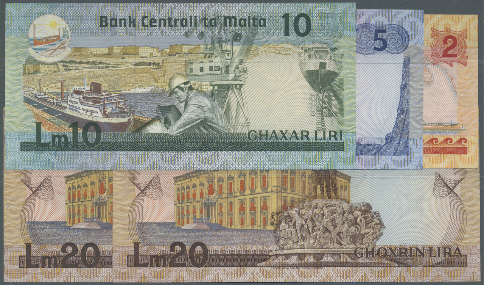 01670 Malta: Set With 5 Banknotes L. 1967 (1986) "Agata Barbara" Issue With 2, 5, 10, 20 Liri And 20 Liri Specimen P.37- - Malta