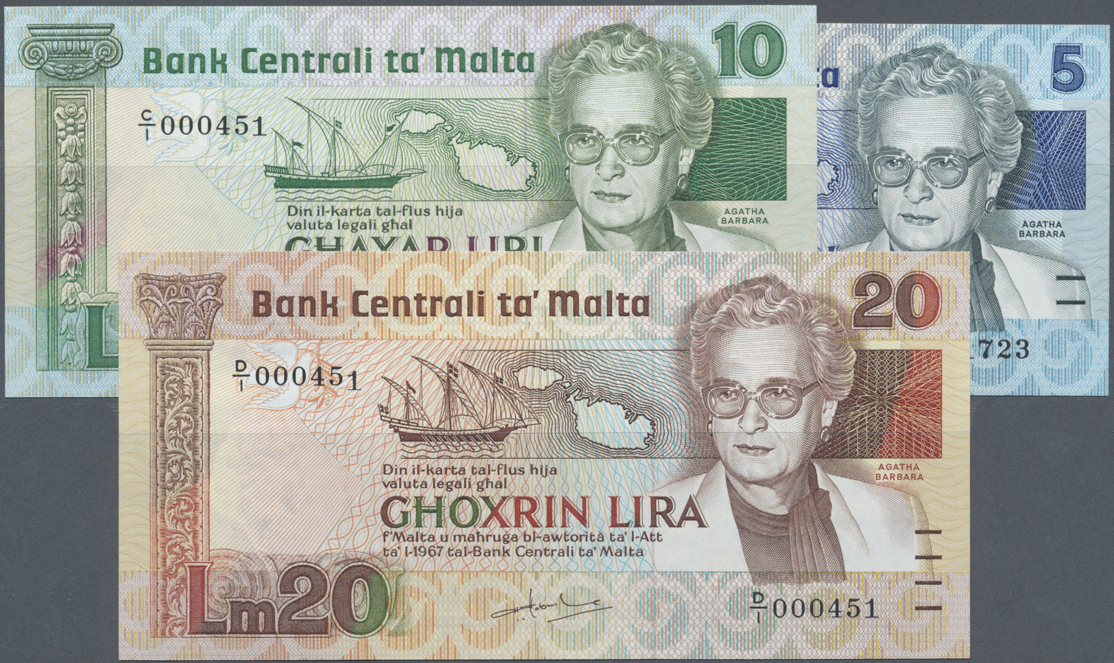 01671 Malta: Set Of 3 Notes Containing 5, 10 And 20 Liri L.1967 P. 38-40, All In Condition: UNC. (3 Pcs) - Malta