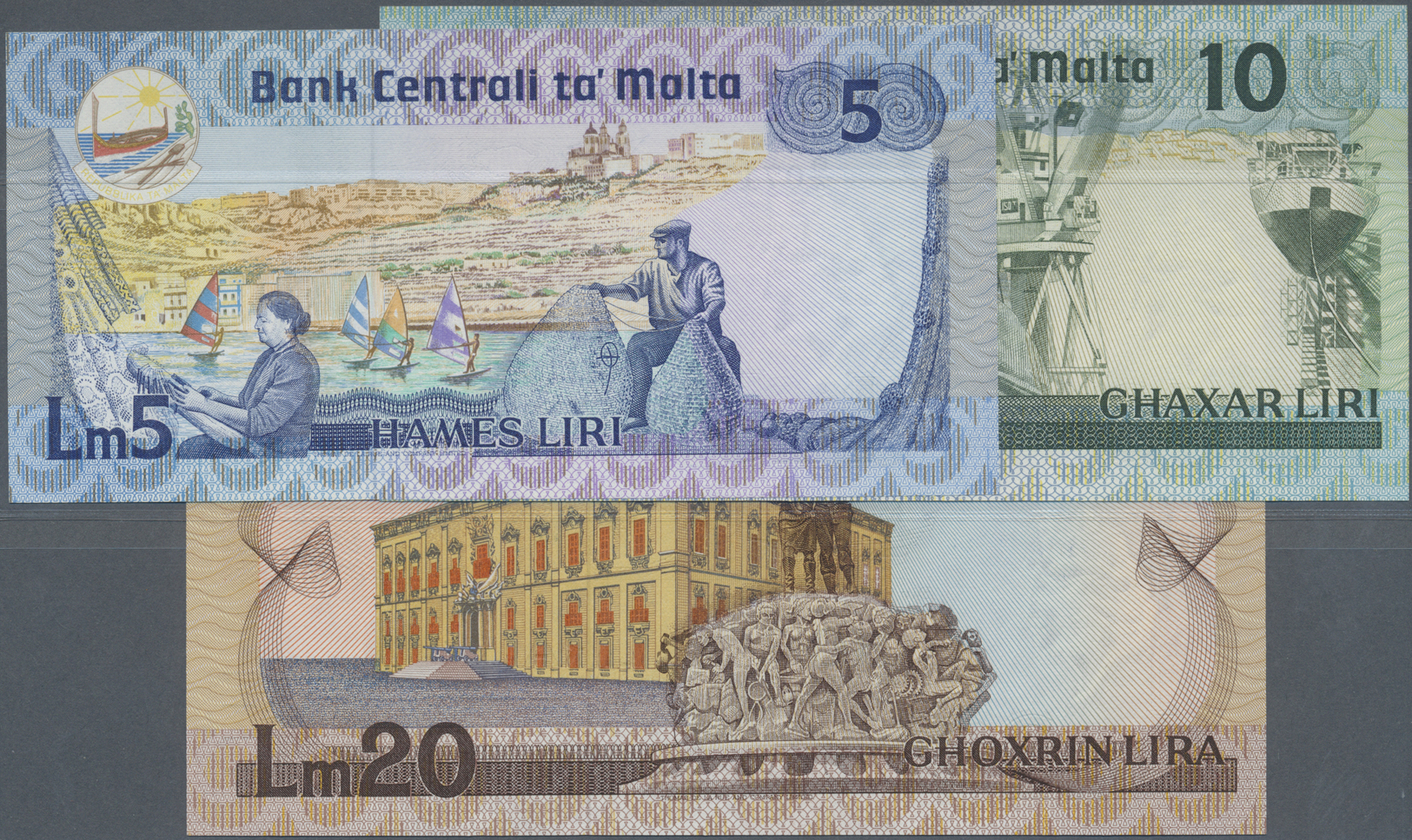 01671 Malta: Set Of 3 Notes Containing 5, 10 And 20 Liri L.1967 P. 38-40, All In Condition: UNC. (3 Pcs) - Malta