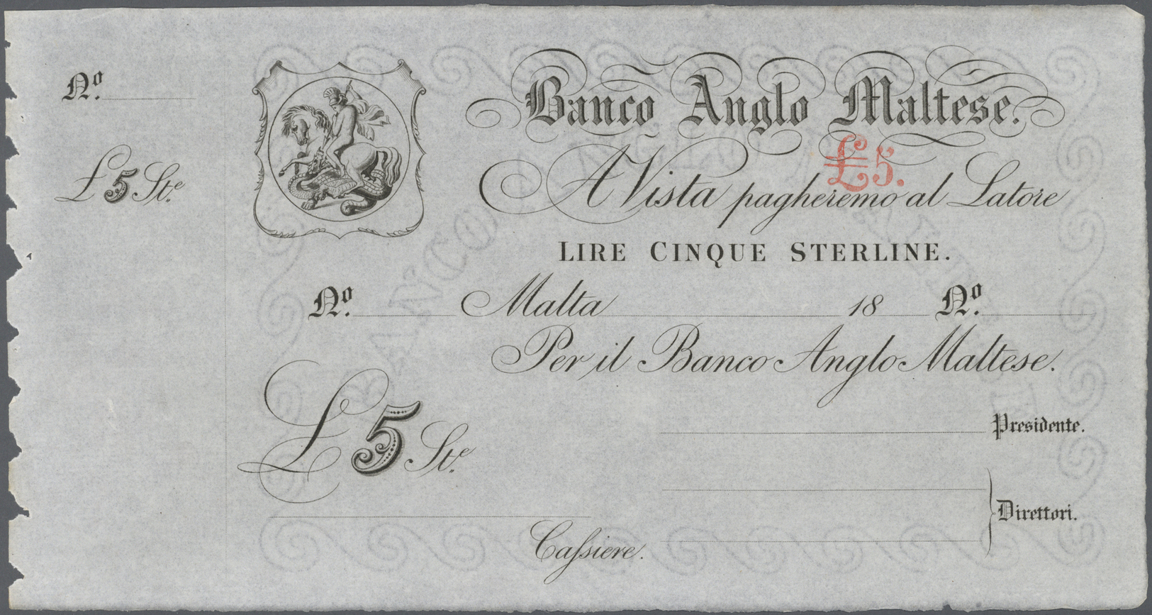 01675 Malta: Banco Anglo Maltese 5 Pounds 18xx Remainder Without Date, Serial And Signature, P.S112r, Very Rare And Seld - Malta