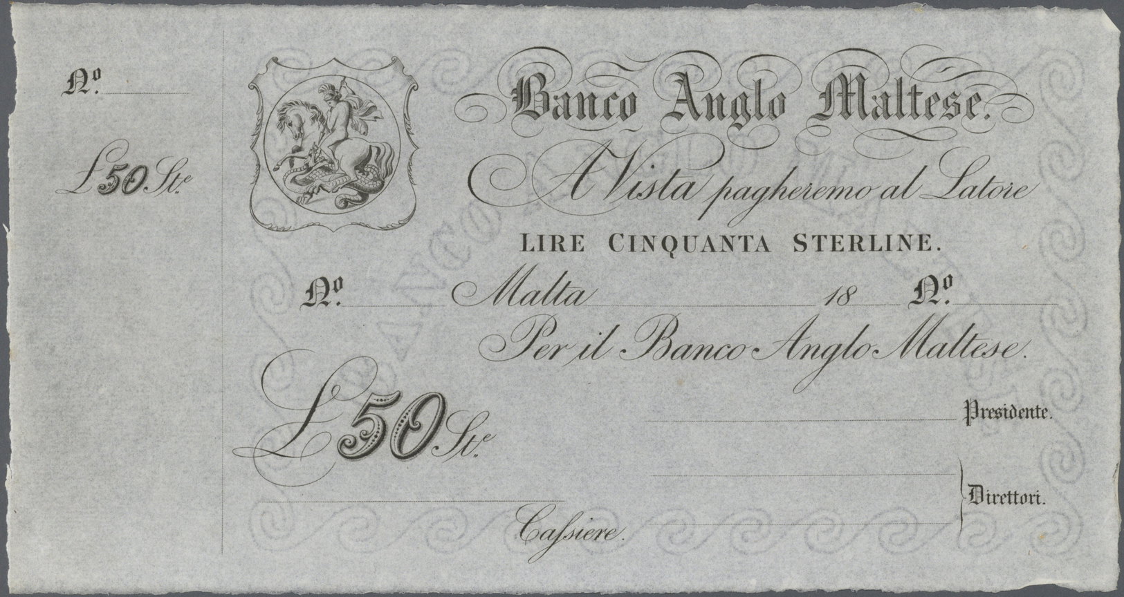01676 Malta: Banco Anglo Maltese 50 Pounds 18xx Remainder Without Date, Serial And Signature, P.S116r, Very Rare And Sel - Malta