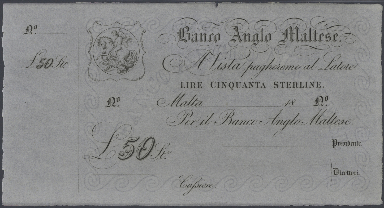 01677 Malta: Banco Anglo Maltese Unsigned Remainder For 50 Pounds ND(1880), P.S116r In Excellent Condition For This Larg - Malta