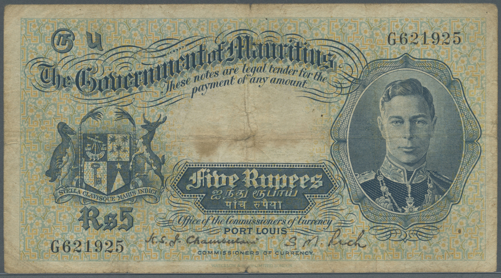 01692 Mauritius: 5 Rupees 1937 P. 22, Portrait KG VI, Used With Stronger Center And Horizontal Fold, Creases And Stain I - Mauritius