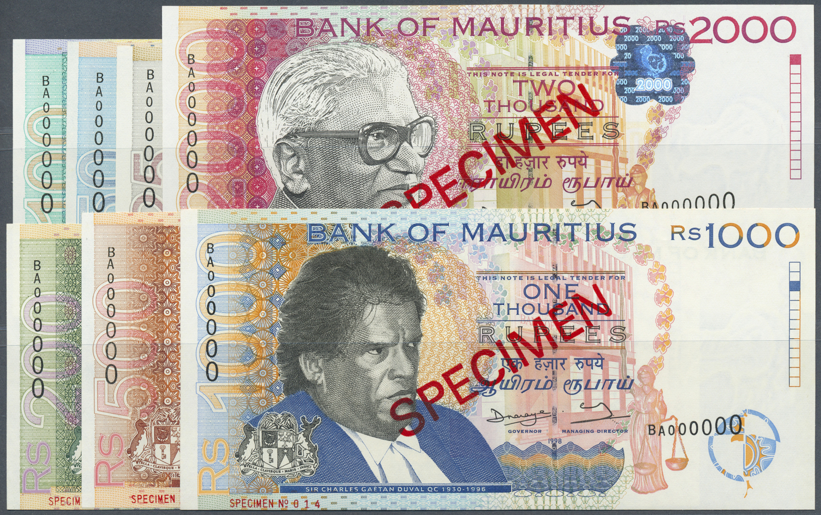 01696 Mauritius: Set Of 7 Different SPECIMEN Banknotes Containing 25 To 2000 Rupees 1998 P. 42s-48s, All In Condition: U - Mauritius