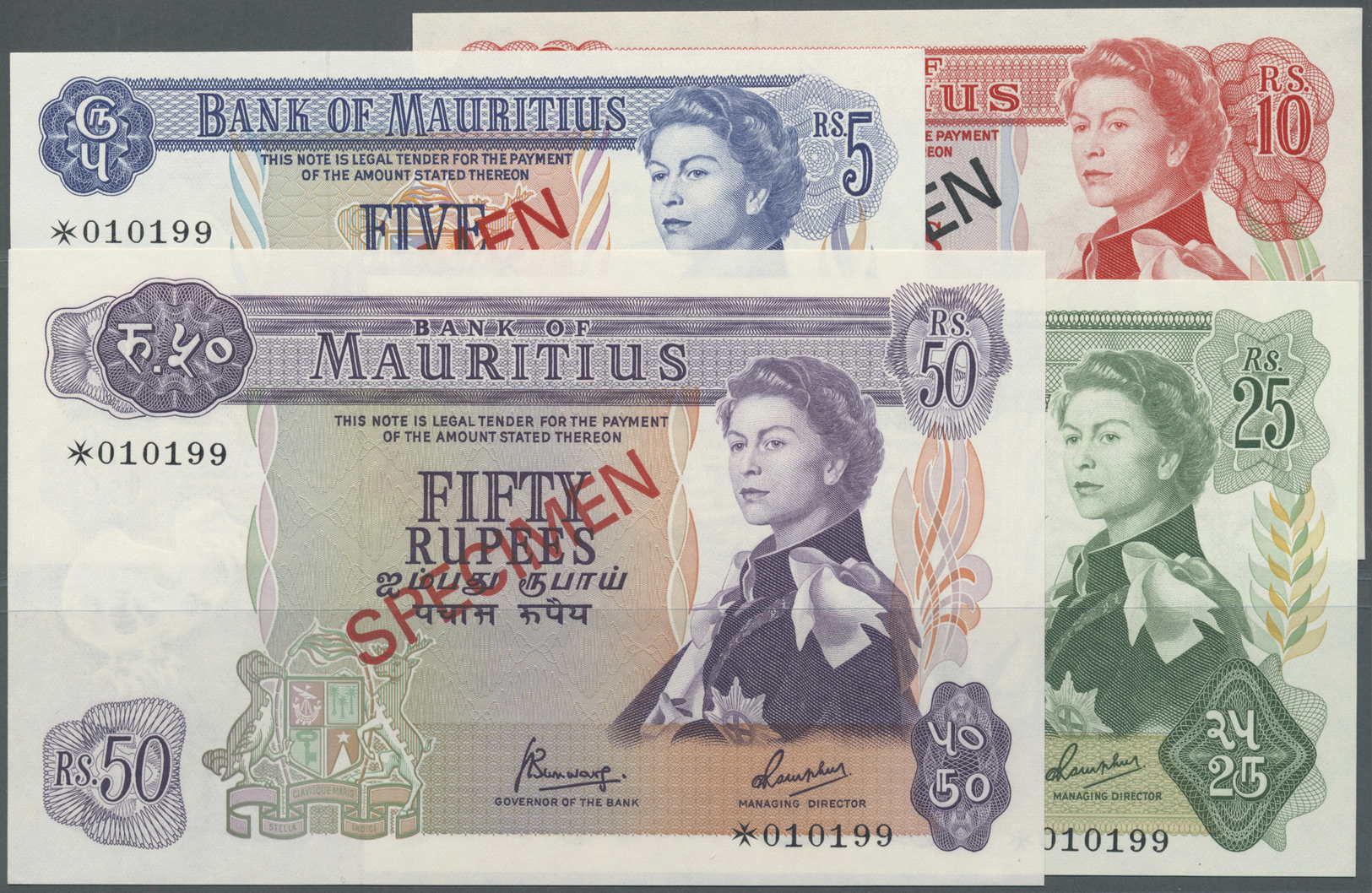 01698 Mauritius: Set Of 4 Specimen Notes Collectors Series Containing 5, 10, 25 And 50 Rupees ND Specimen With Maltese C - Mauritius