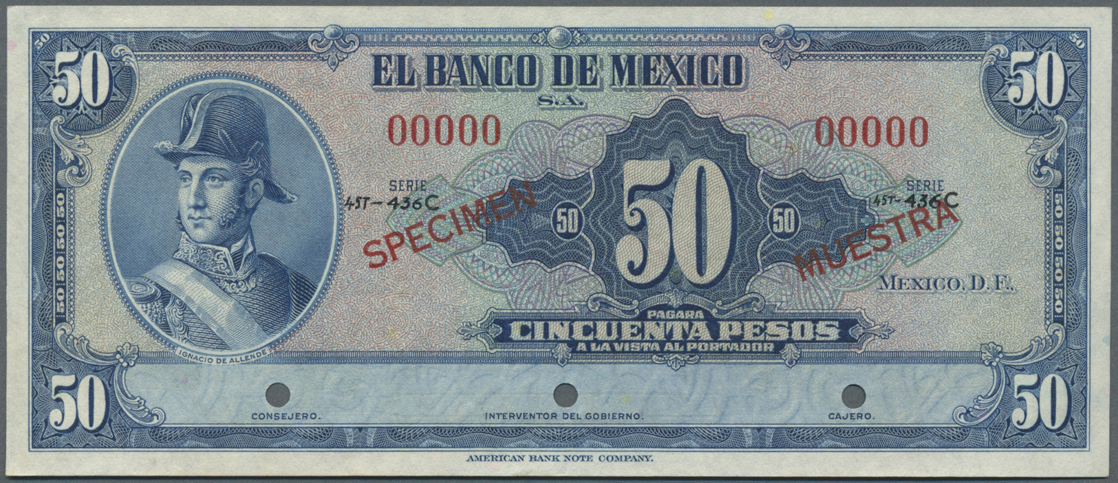 01699 Mexico: 50 Pesos 1941 Specimen P. 41s, 3 Cancellation Holes, Zero Serial Numbers, Specimen Overprint In Condition: - Mexico