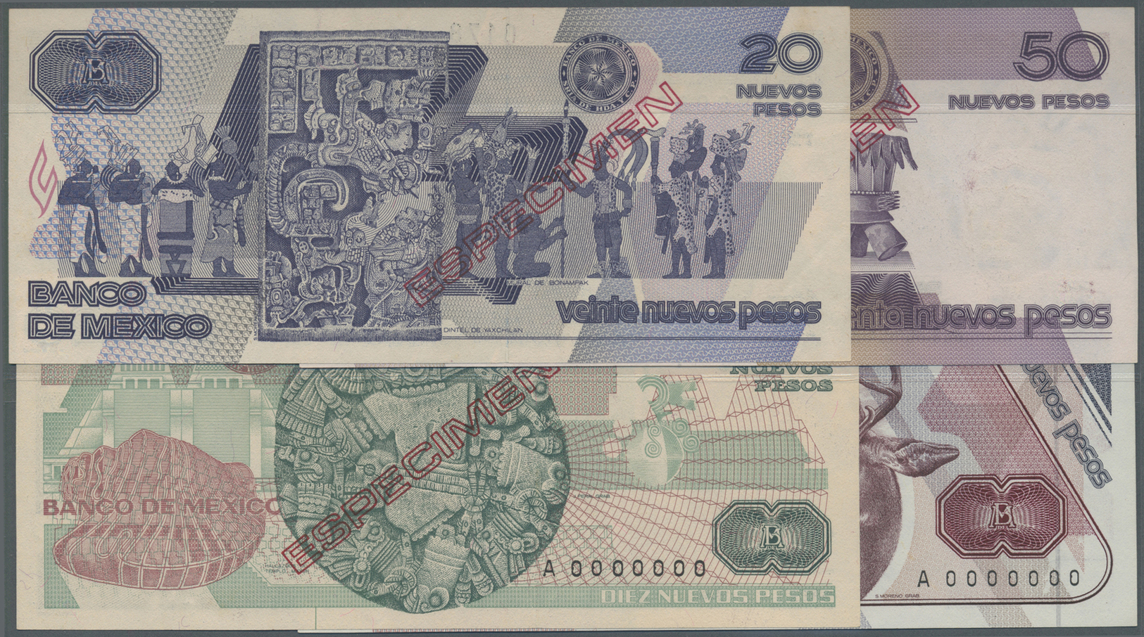 01700 Mexico: Set Of 4 Specimen Notes Containing 20 Pesos 1992, 50 Pesos 1992, 100 Pesos 1992 And 10 Nuevos Pesos 1992 P - Mexico