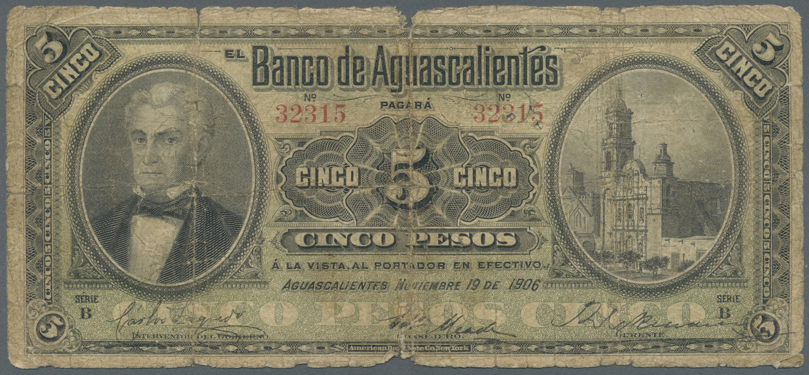 01701 Mexico: El Banco De Aguascalientes 5 Pesos 1906 P. S101b, Stronger Used With Folds And Worn Borders, Tiny Holes In - Mexico