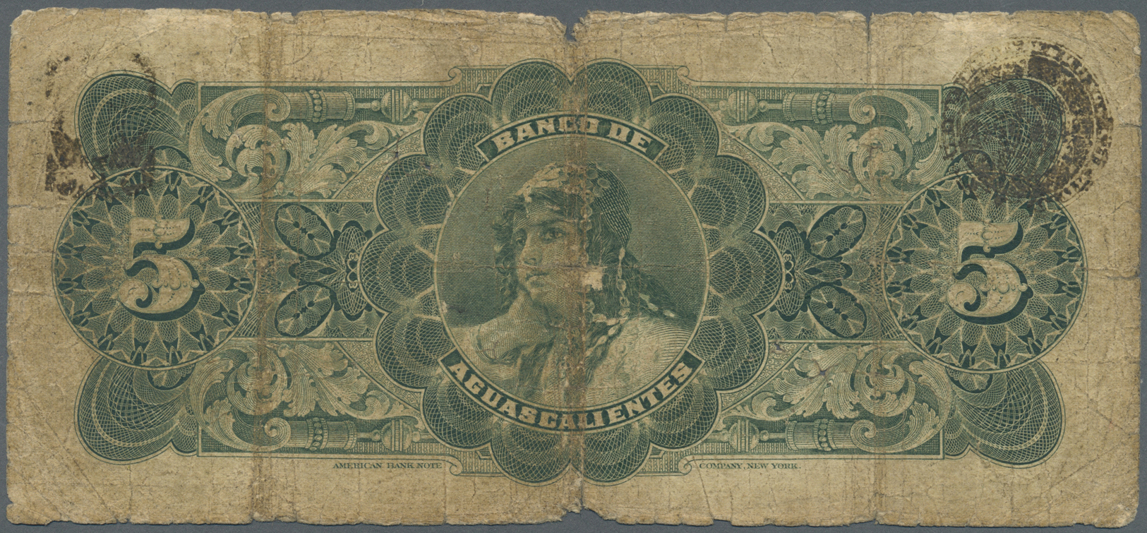 01701 Mexico: El Banco De Aguascalientes 5 Pesos 1906 P. S101b, Stronger Used With Folds And Worn Borders, Tiny Holes In - Mexico