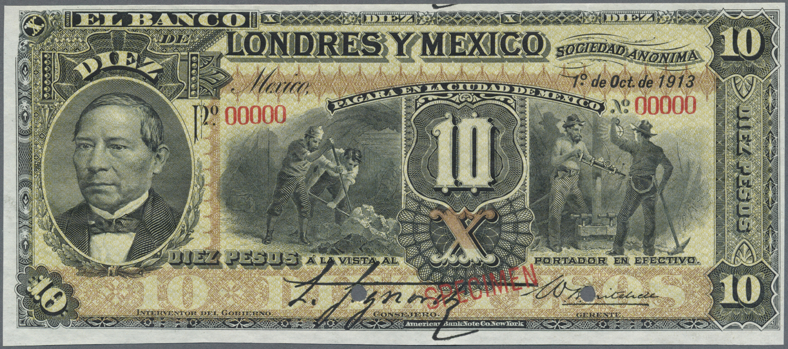 01703 Mexico: Banco De Londres Y México 10 Pesos 1913 SPECIMEN, P.S234s, Punch Hole Cancellation And Red Overprint Speci - Mexico